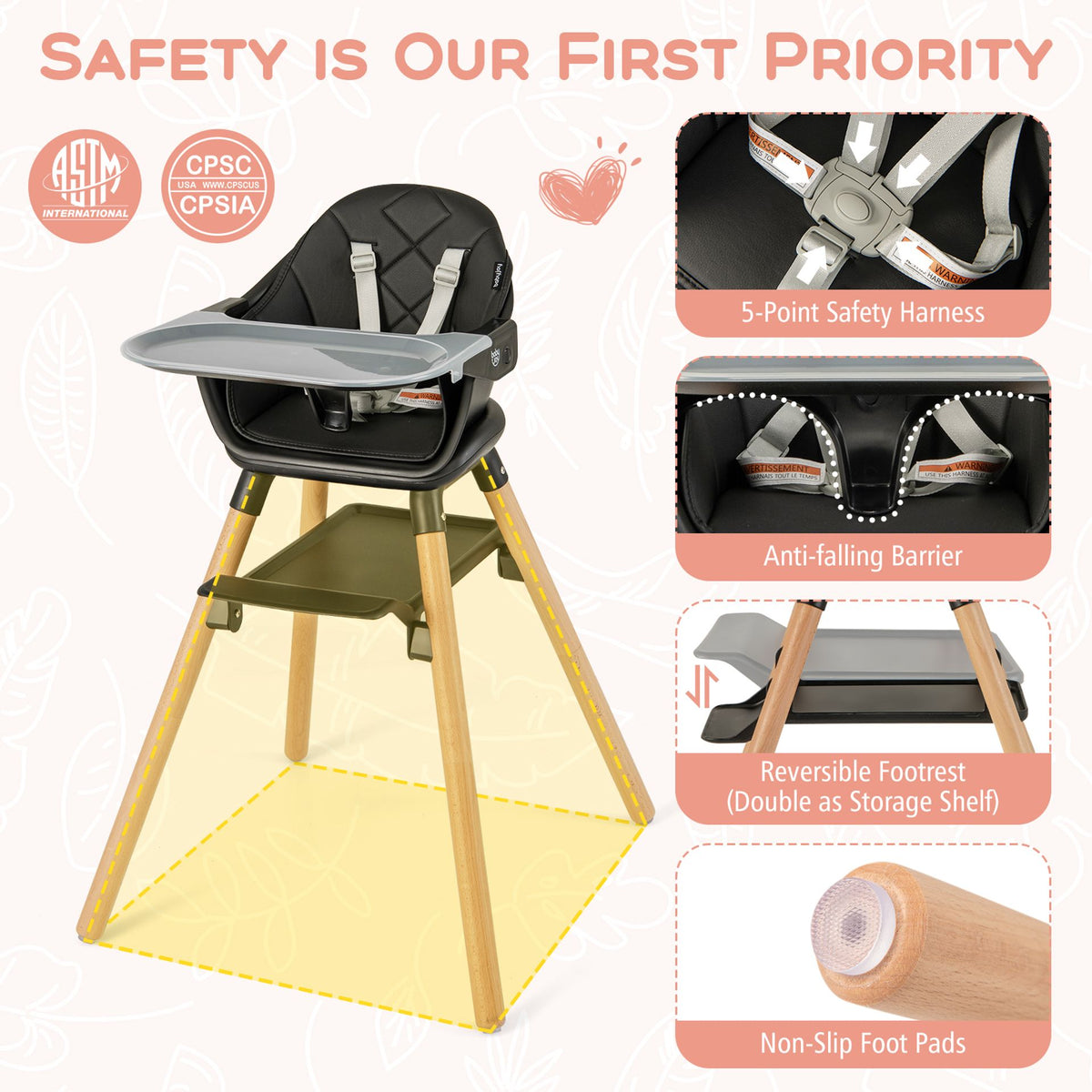 3 in 1 High Chairs for Babies and Toddlers with Foot Rest and Removable Double Tray-Black