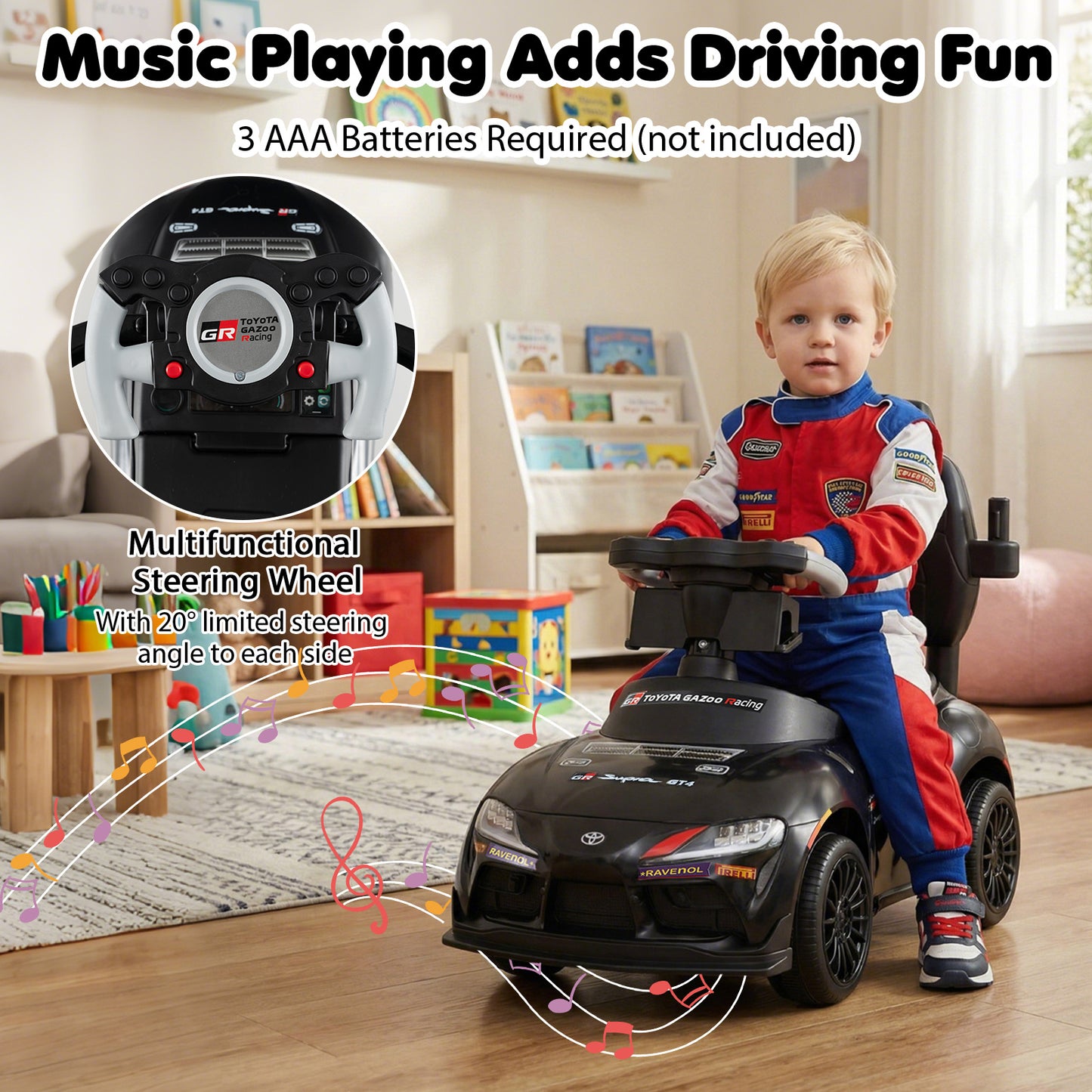 3-in-1 Push Car for Toddlers Toyota Licensed Sliding Car with Handle and Music-Black