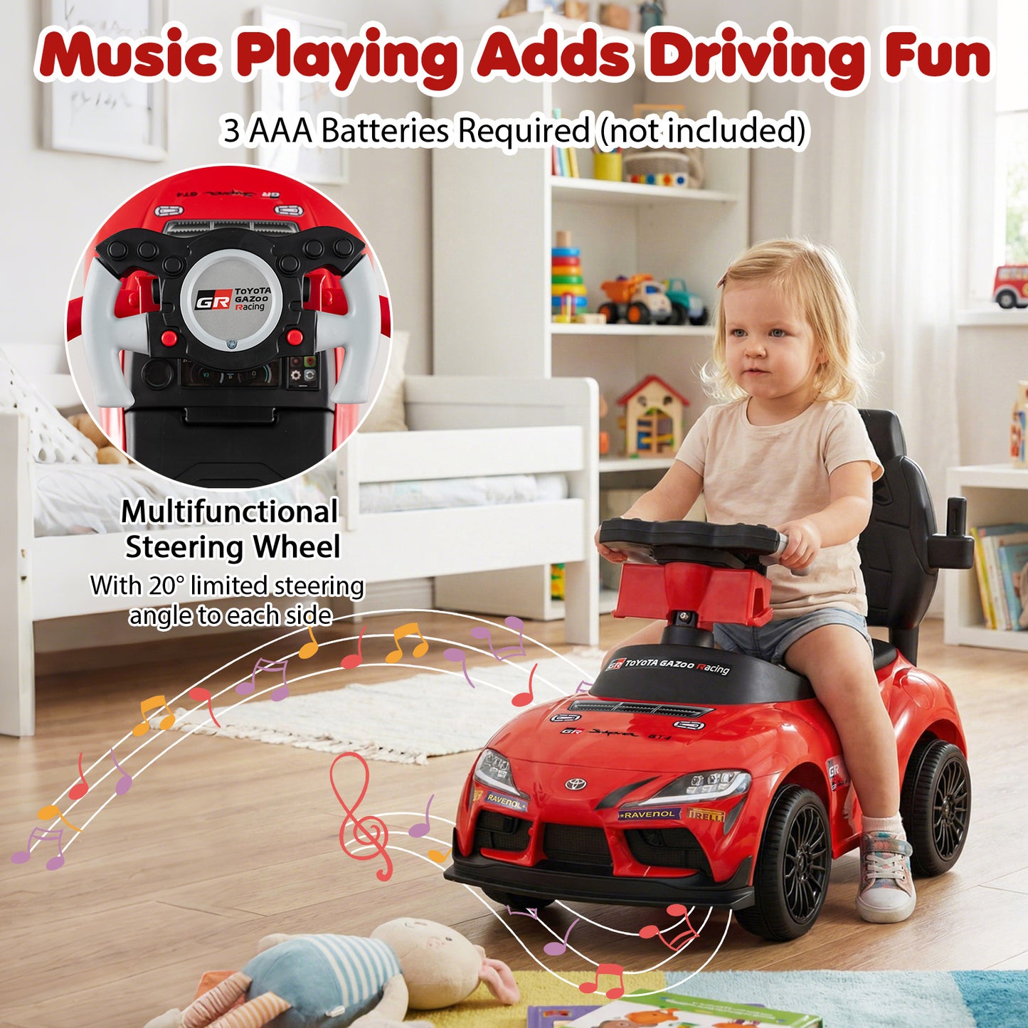 3-in-1 Push Car for Toddlers Toyota Licensed Sliding Car with Handle and Music-Red