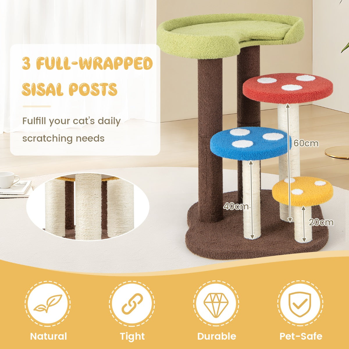 3-In-1 Cat Tree with 3 Full-Wrapped Sisal Posts and Removable Mat & Platforms-Multicolor