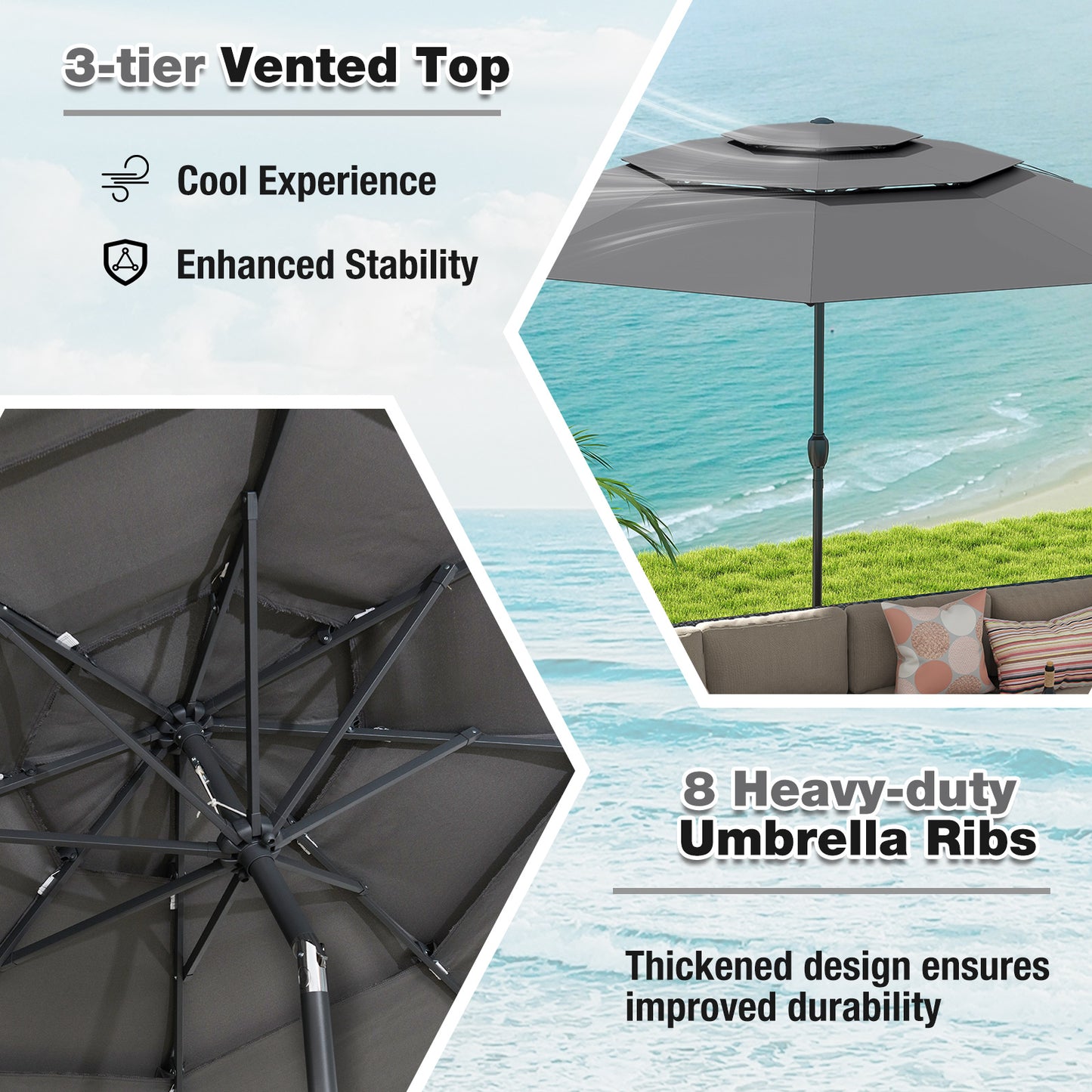295 cm 3-tier Vented Patio Large Market Table Umbrella with Push Button Tilt-Grey