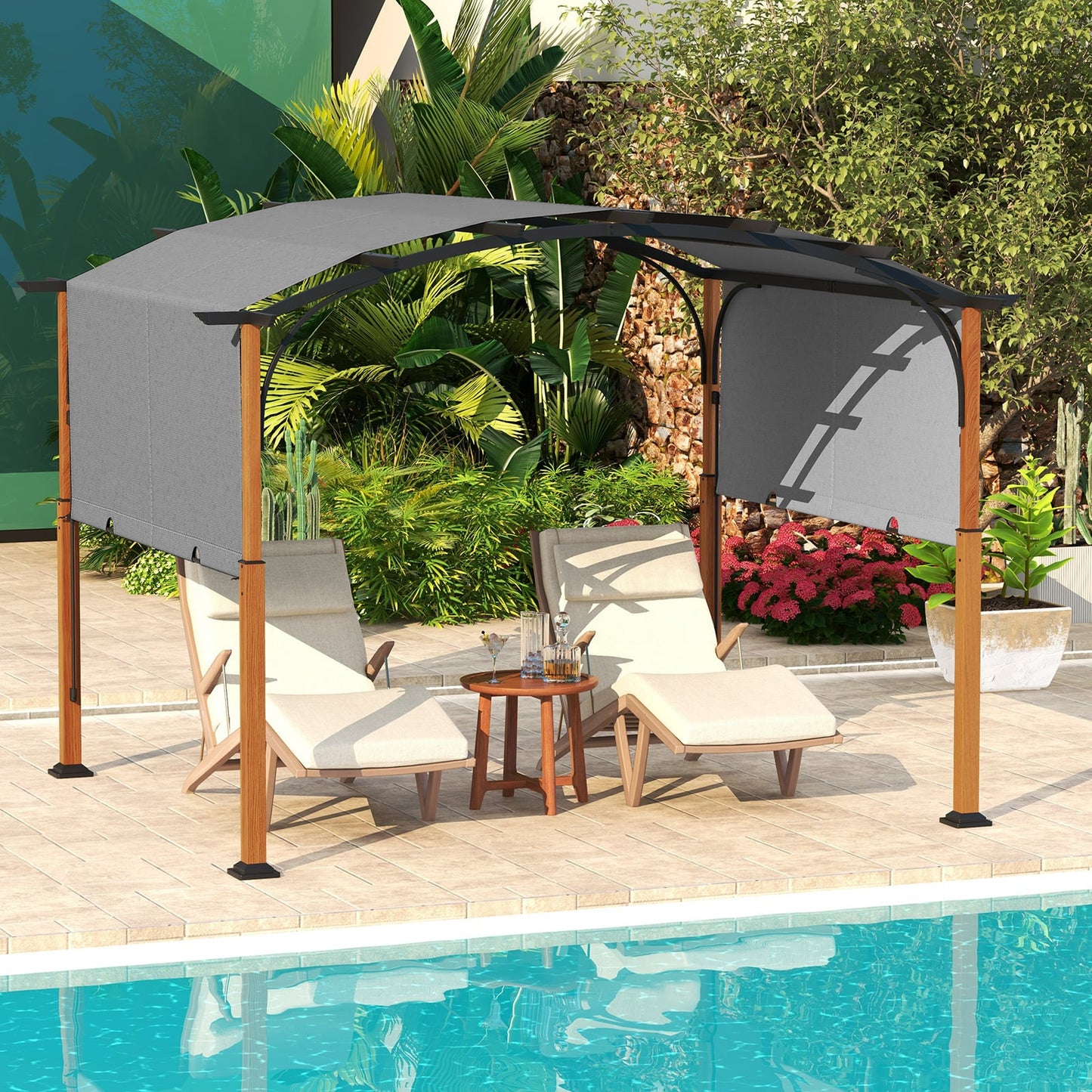 300 x 360 cm Retractable Pergola Arched Patio Pergola with Sun Shade Canopy-Grey