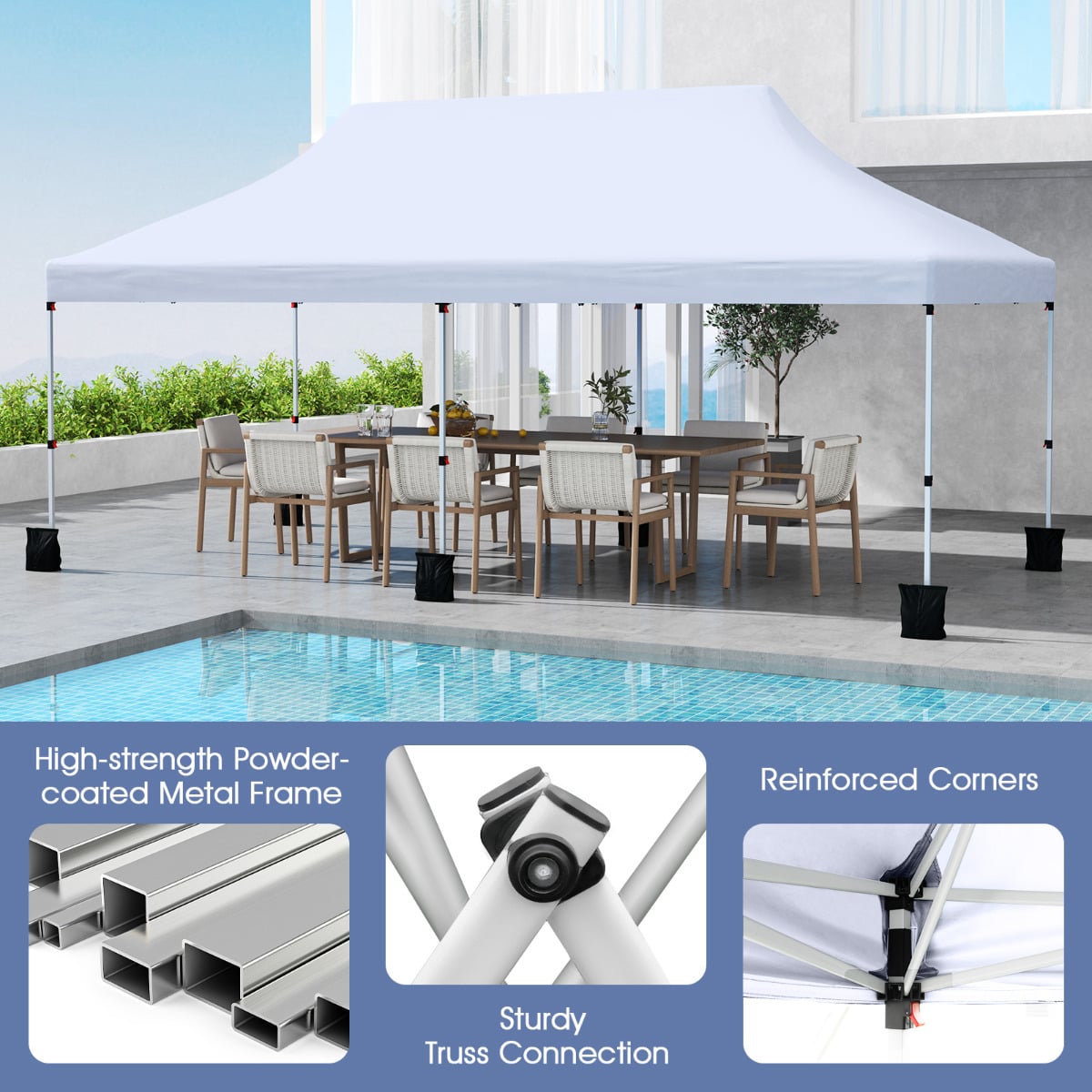 300 x 600 cm Pop up Canopy Tent with Carry Bag and 6 Sandbags-White