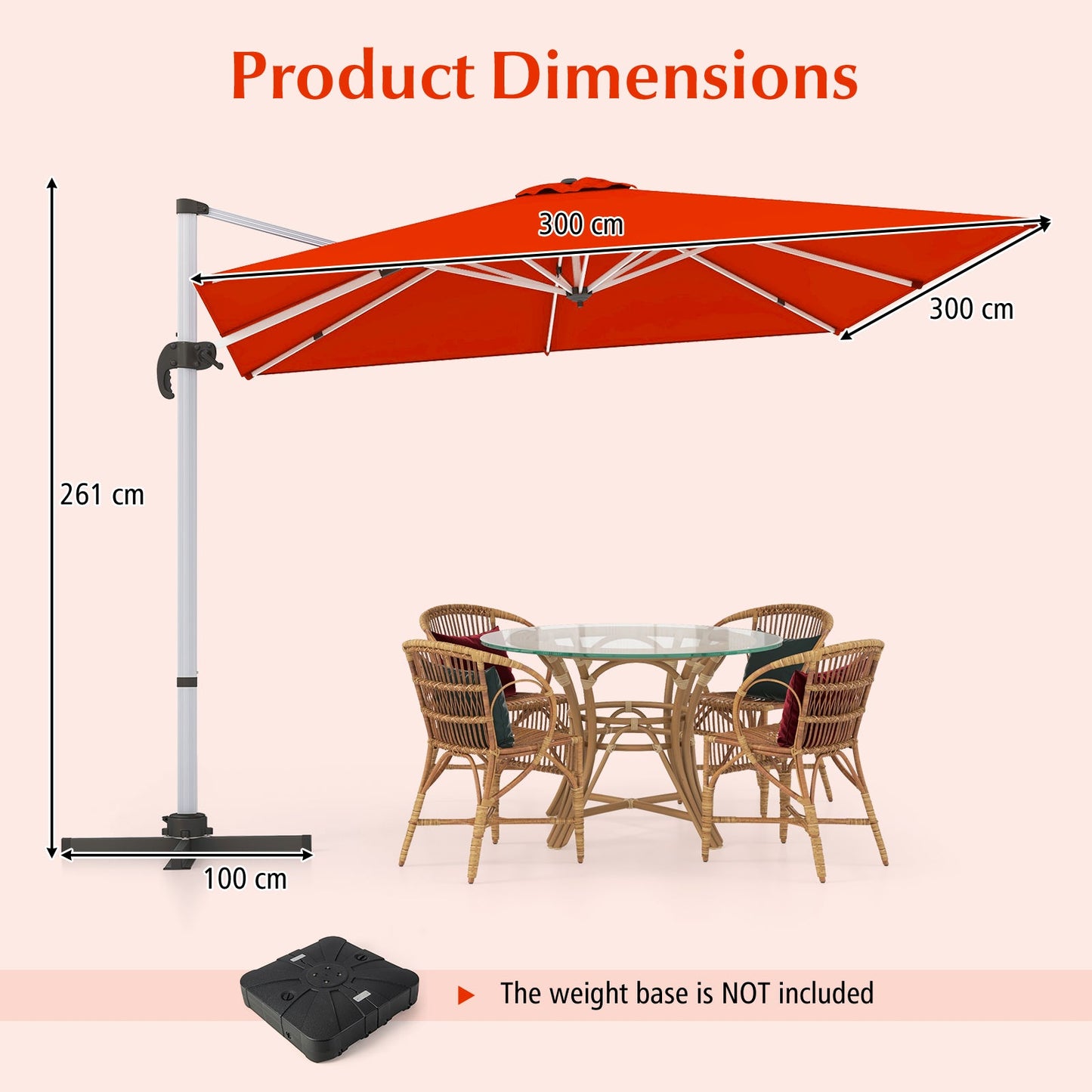 300cm Patio Cantilever Umbrella with 360° Rotation and Adjustable Tilt-Orange