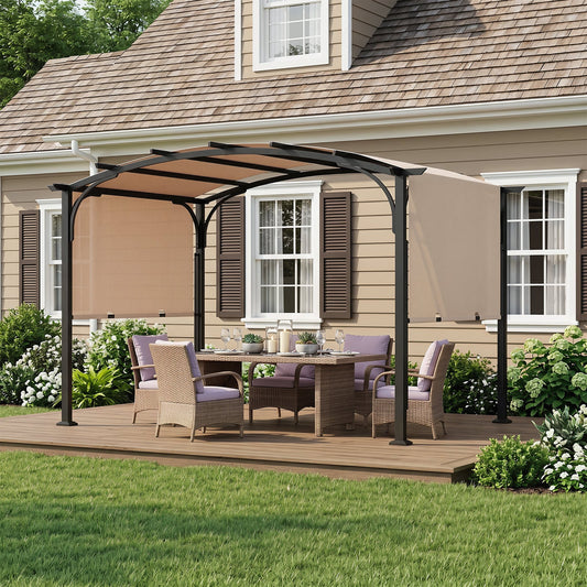 305 x 242 cm Outdoor Retractable Pergola with Metal Frame and Polyester Fabric-Beige