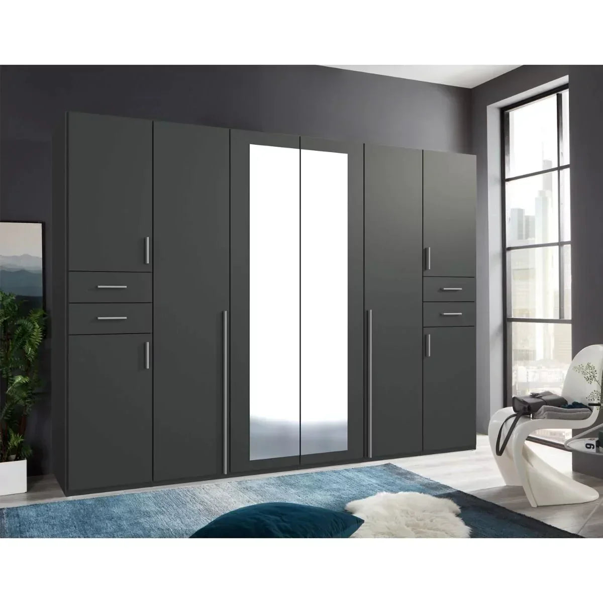 FENTON 6 Door Mirrored Wardrobe Finish Graphite 270cm