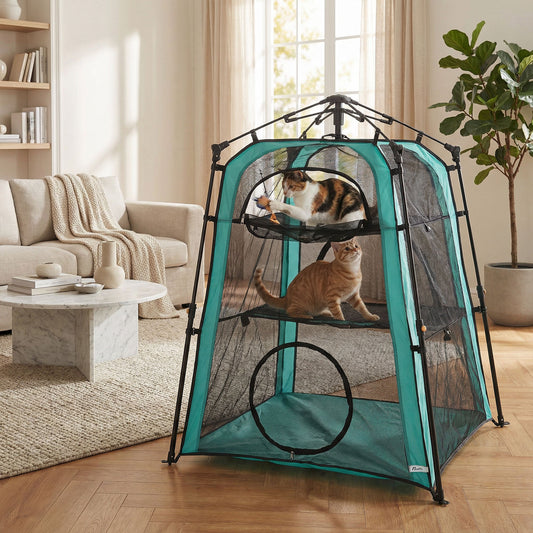 PawHut Cat Tent, 3-Tier Portable Pet Tent for Indoor Outdoor, Cat House with Multi-Door, Carry Bag, Breathable Mesh