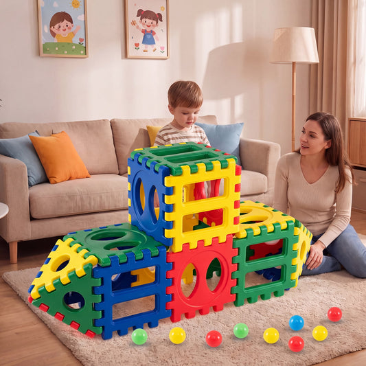 32-Piece Oversized Waffle Block Set with 10 Ocean Balls Easy-to-Use Grid Building Toys