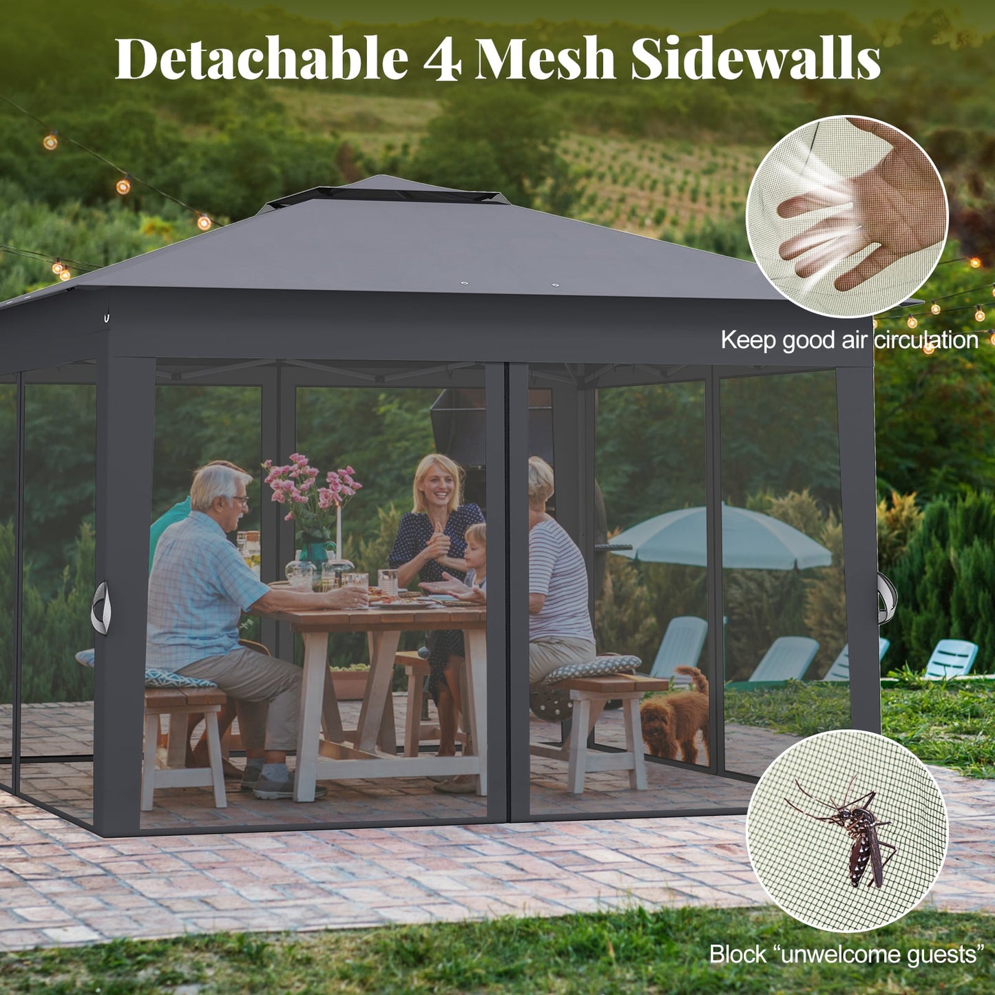 338 x 338 CM Pop Up Gazebo with Mesh Netting and Double Roof-Grey