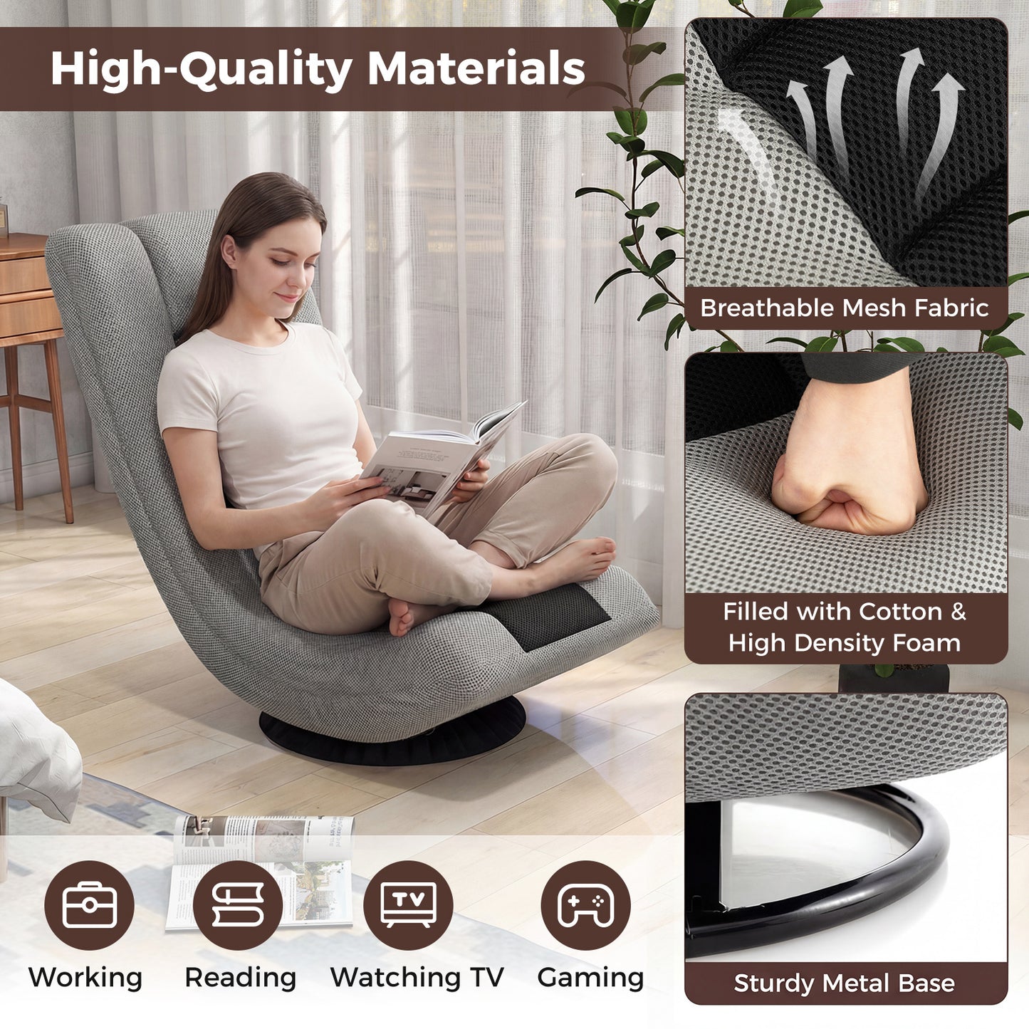 360° Swivel Gaming Chair 4 Position Adjustable Folding Floor Sofa-Black and Grey