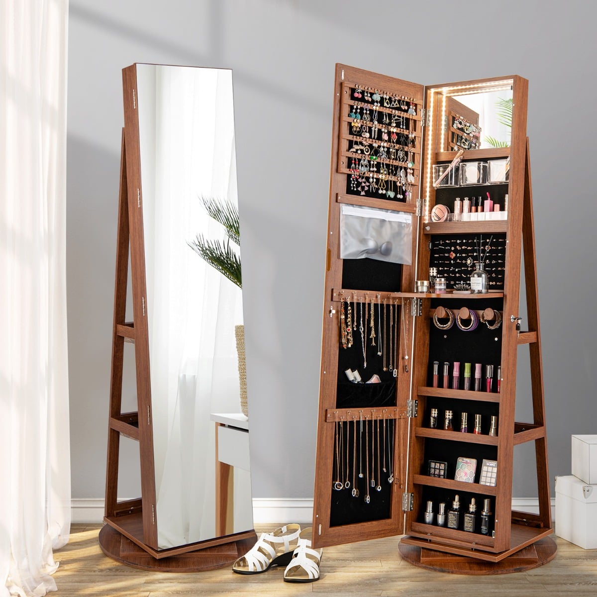 360-Degree Mirrored Jewelry Armoire with 3-Color Auto-on LED Lights-Natural