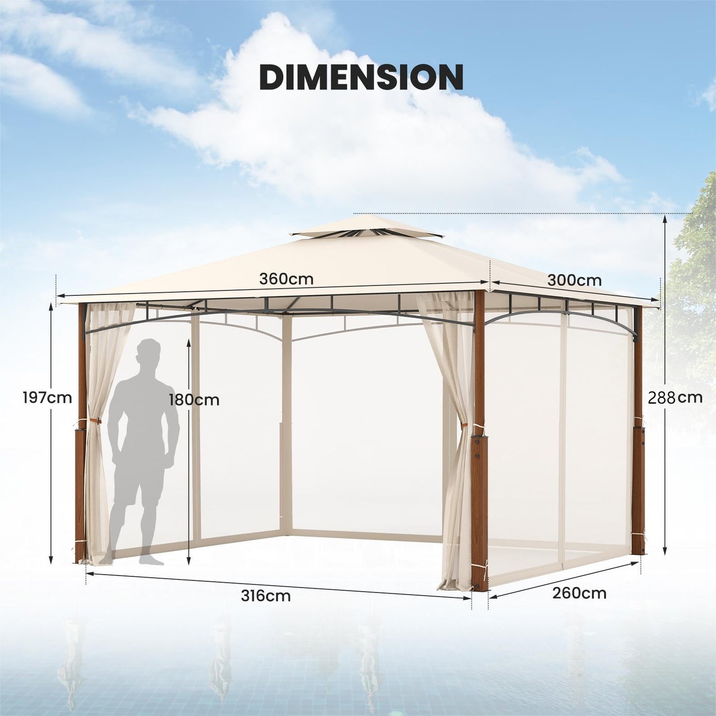 360 x 300cm Outdoor Patio Gazebo Metal Frame Soft Top Tent with Netting-Beige