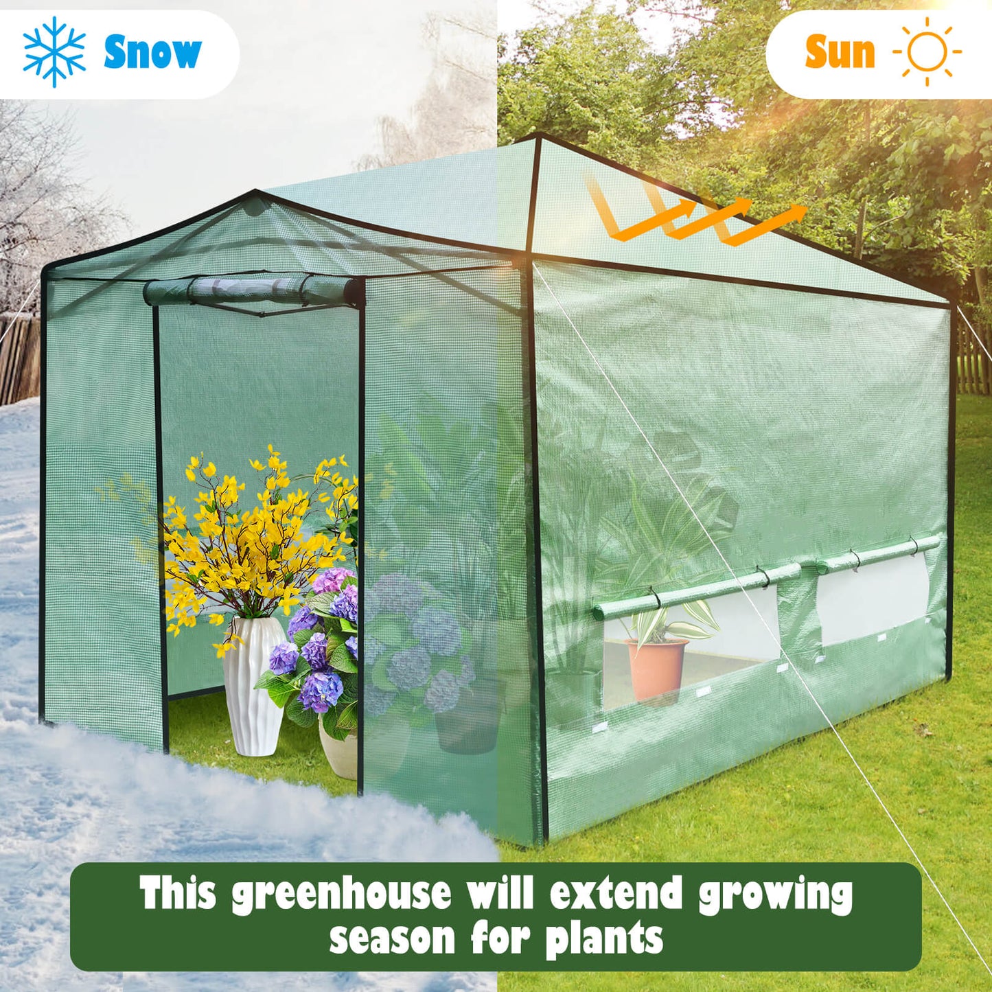 364 x 243 cm Folding Pop-up Greenhouse Walk-in with Zippered Doors-Green