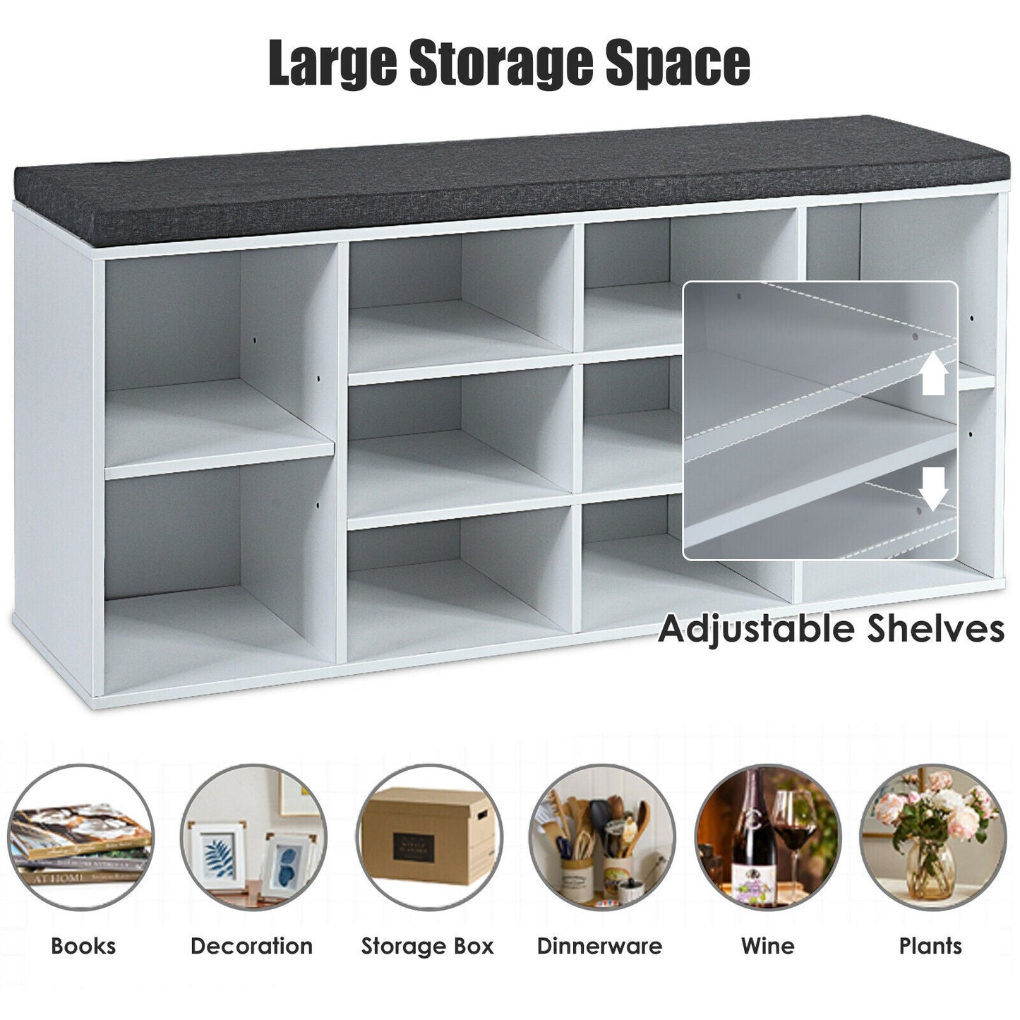 Large Shoe bench / Open Storage Bench-White