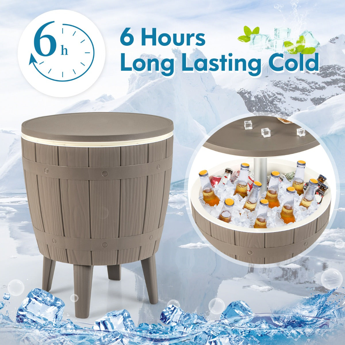Outdoor Cooler Side Table with Telescopic Tabletop for Beer & Wine-Brown