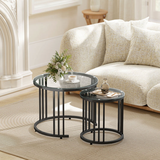 HOMCOM Round Coffee Tables Set of 2, Nesting Tables with Tempered Glass Top and Steel Frame, Black