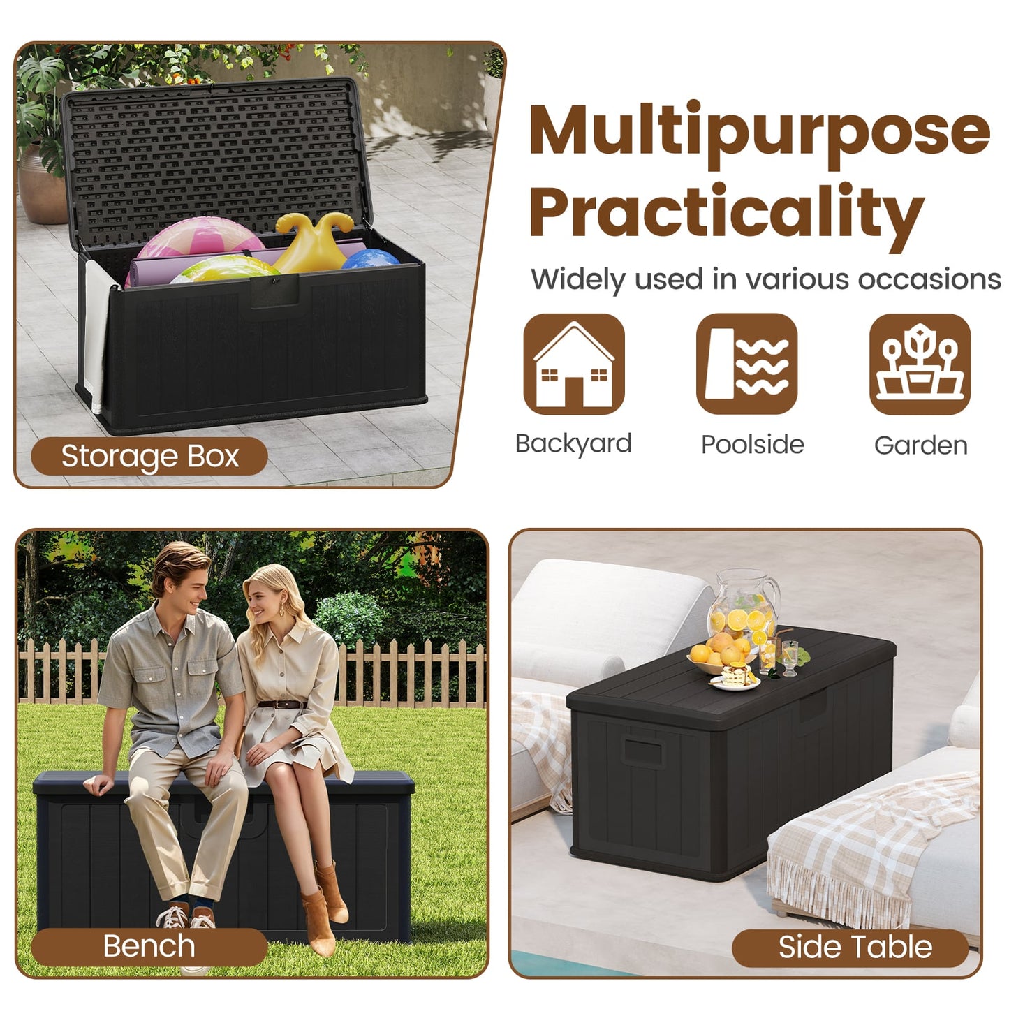 380L Large Waterproof Storage Deck Box for Garden Tools-Black