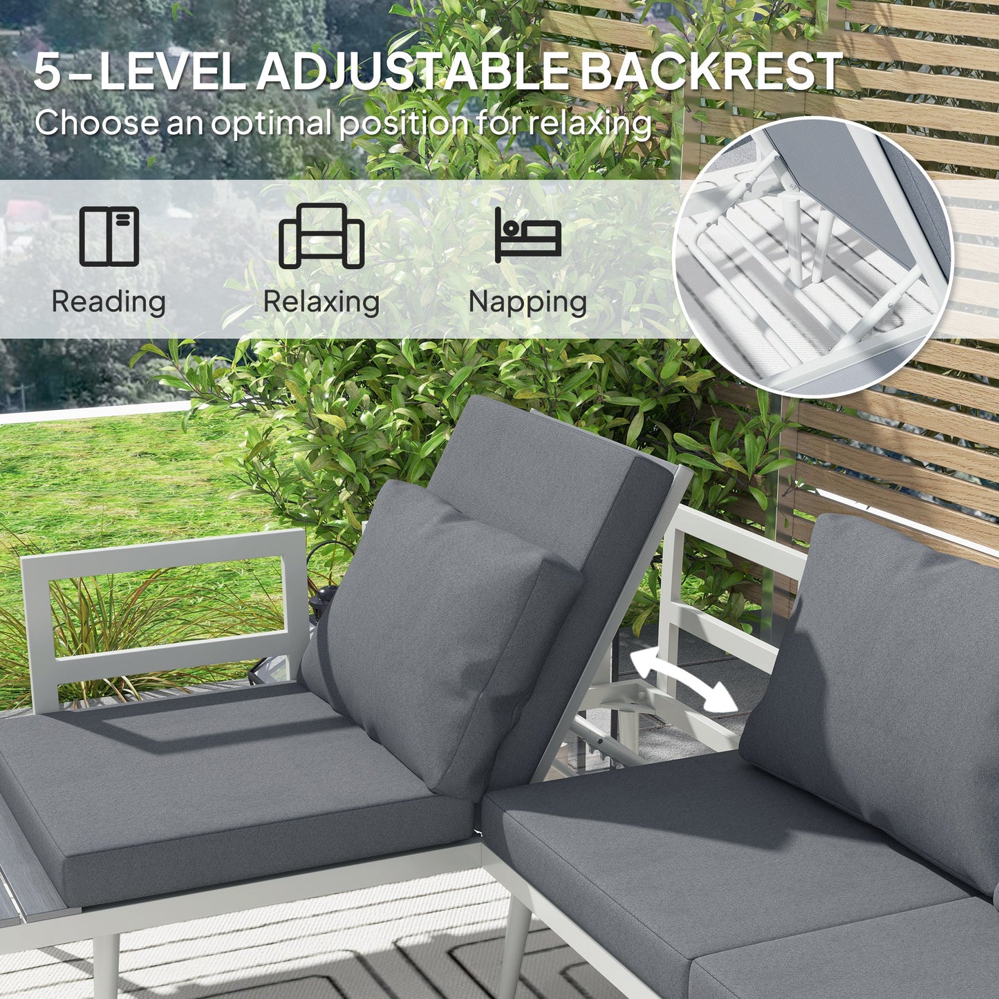 Outsunny 3 Piece Garden Furniture Set with 5-Level Adjustable Lounger, L Shaped Garden Corner Sofa with Cushions, Mesh Seat, Slatted Wood-Grain Table, Outdoor Furniture Set for Conservatory, Grey