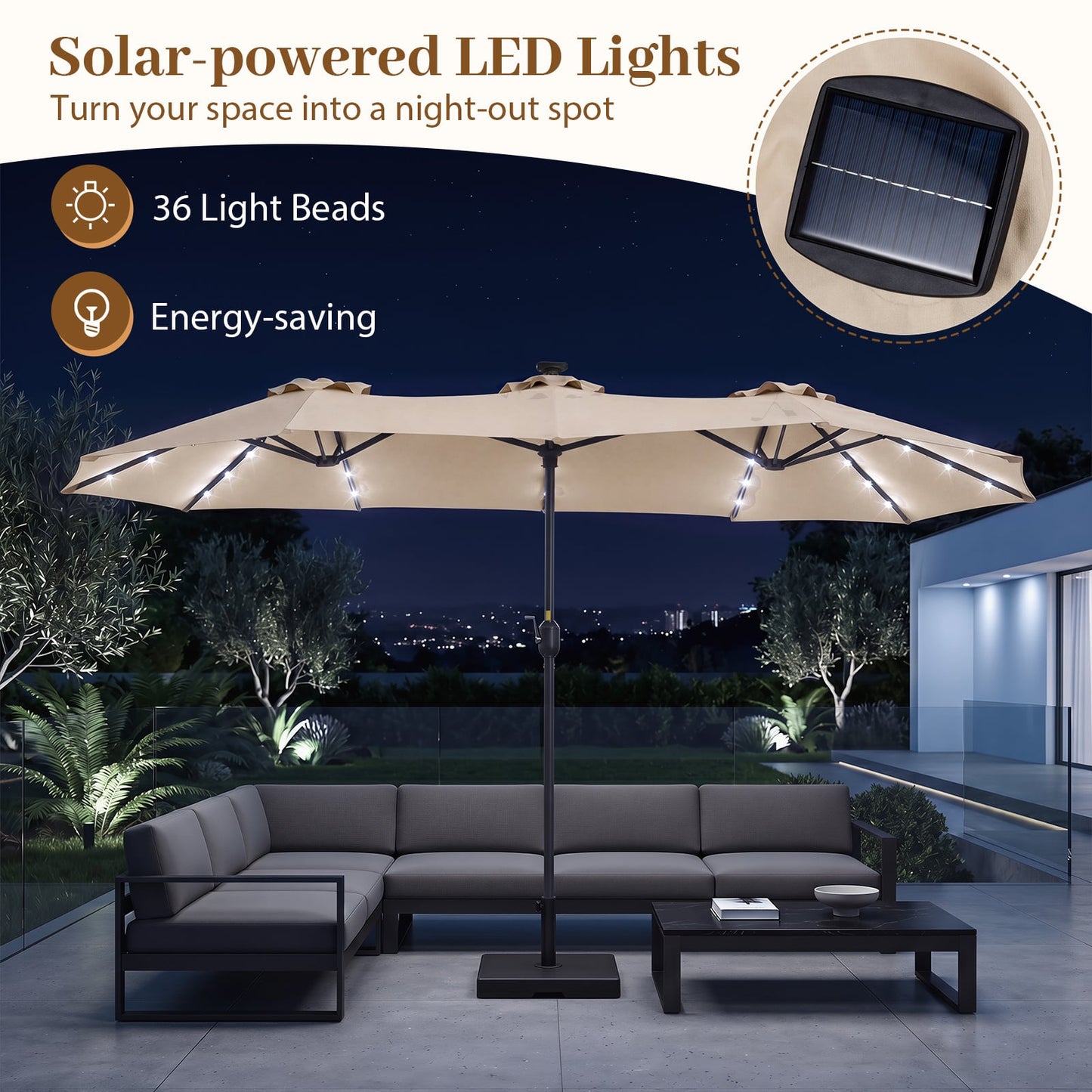 390cm Double-Sided Patio Umbrella Large Rectangle Market Umbrella with 36 LED Lights-Beige