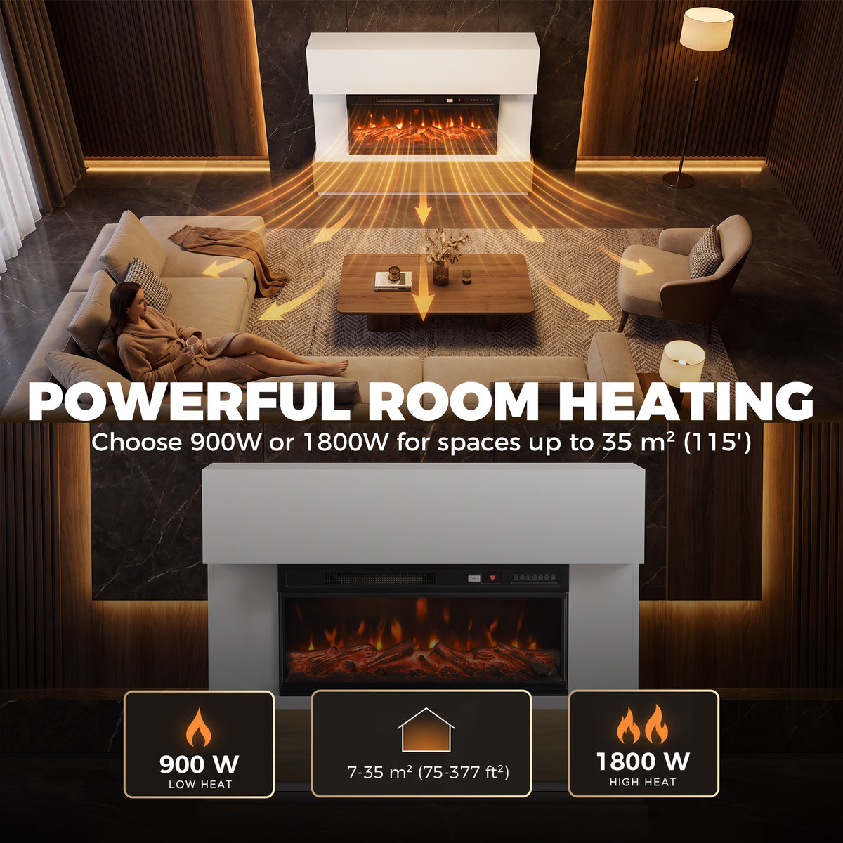 HOMCOM 3-Sided Electric Fireplace Insert, Freestanding, Wall Recessed Electric Fire Heater with Adjustable Flame, 900W/1800W