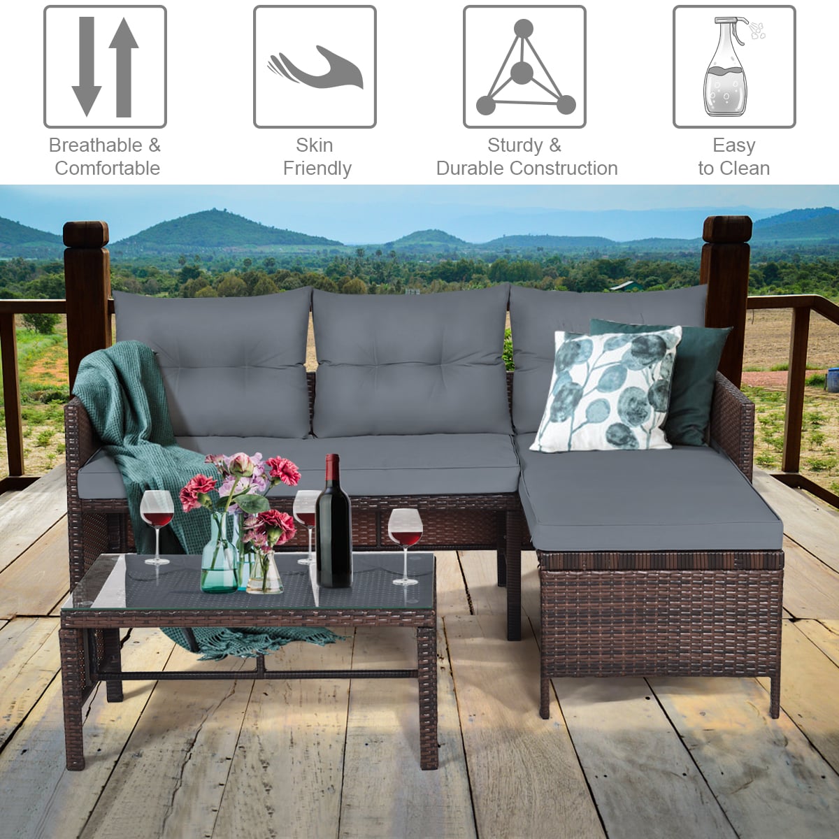 3 Pieces Patio Conversation Bistro Set with Washable Couch Cushion-Grey