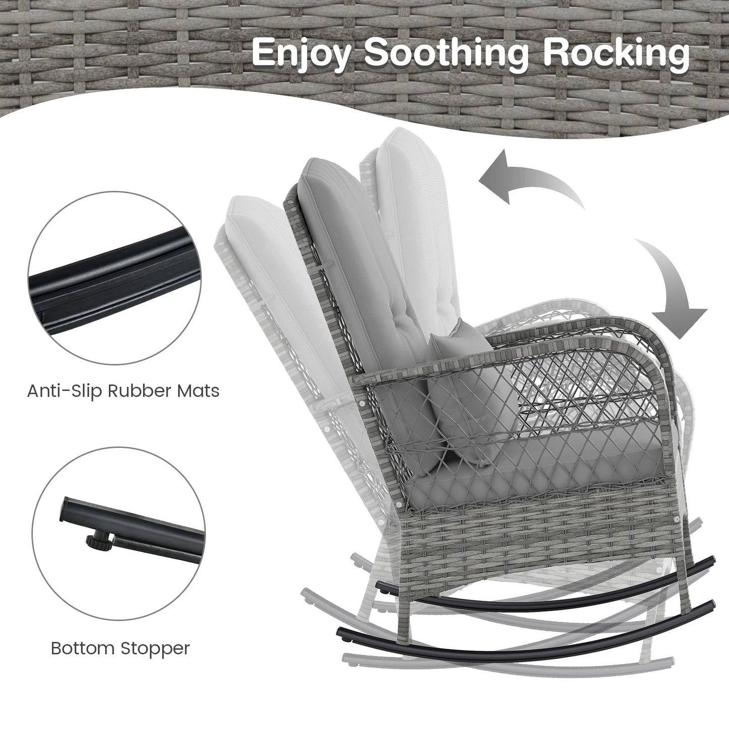 3 Piece Outdoor Rocking Chair Set with Cozy Cushions and Pillow-Grey