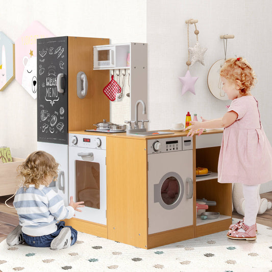 3-Piece Kids Play Kitchen Set with Realistic Sounds Lights and Blackboard-Natural