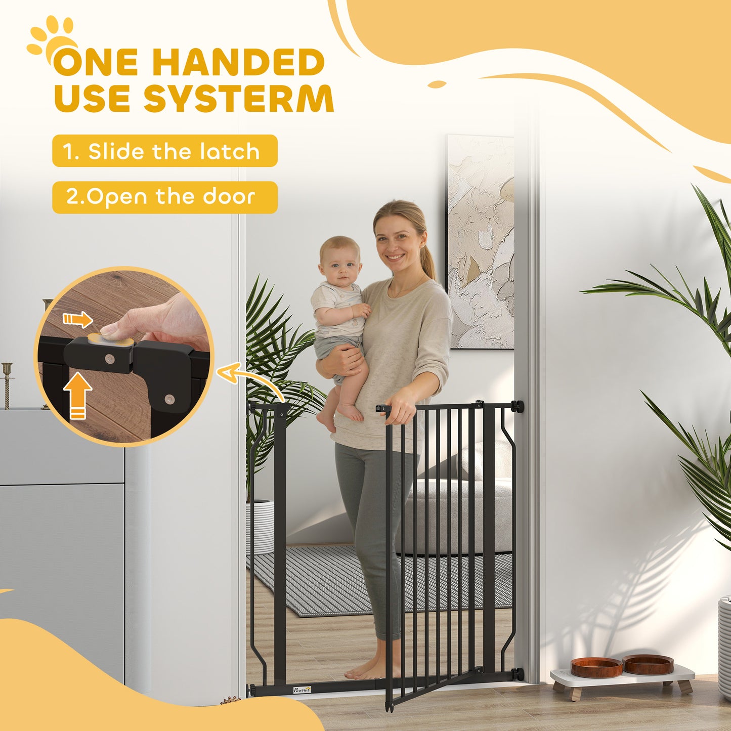 PawHut Extra Wide Dog Gate, with Door Pressure, for Doorways, Hallways, Staircases - Black