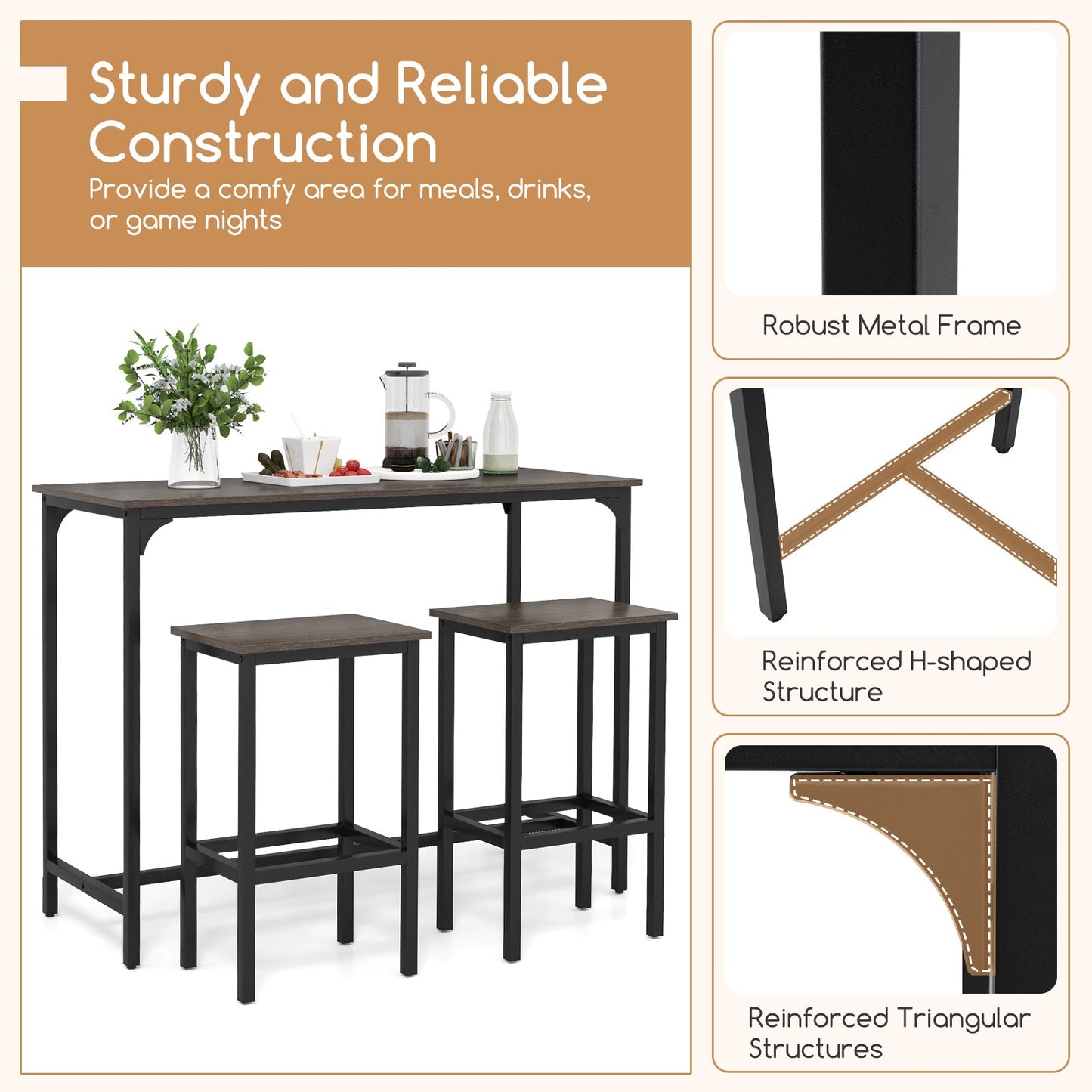 3-piece dining table set with high table & 2 stools Industrial kitchen table at counter height Seating set gray