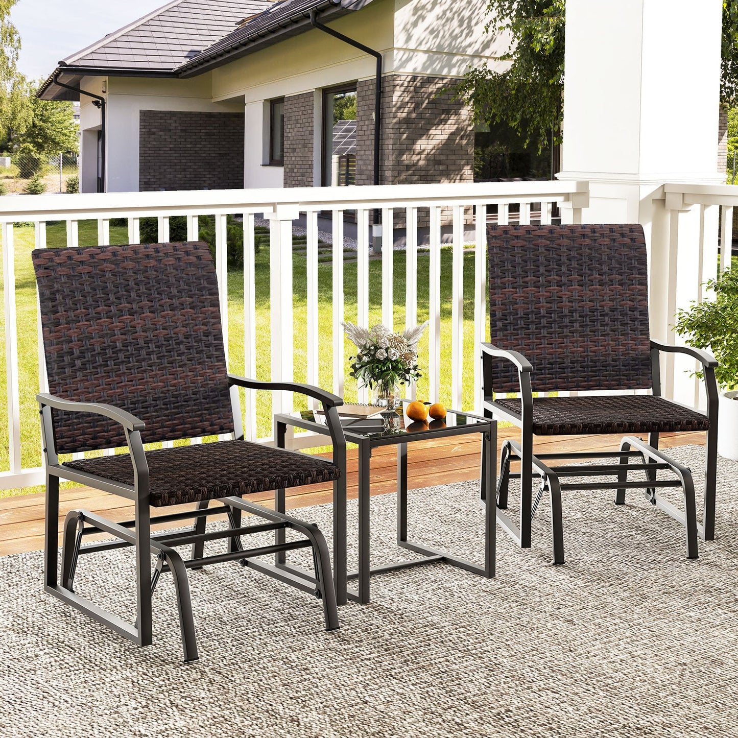 3 Piece Patio Gliding Set with Tempered Glass Coffee Table-Brown