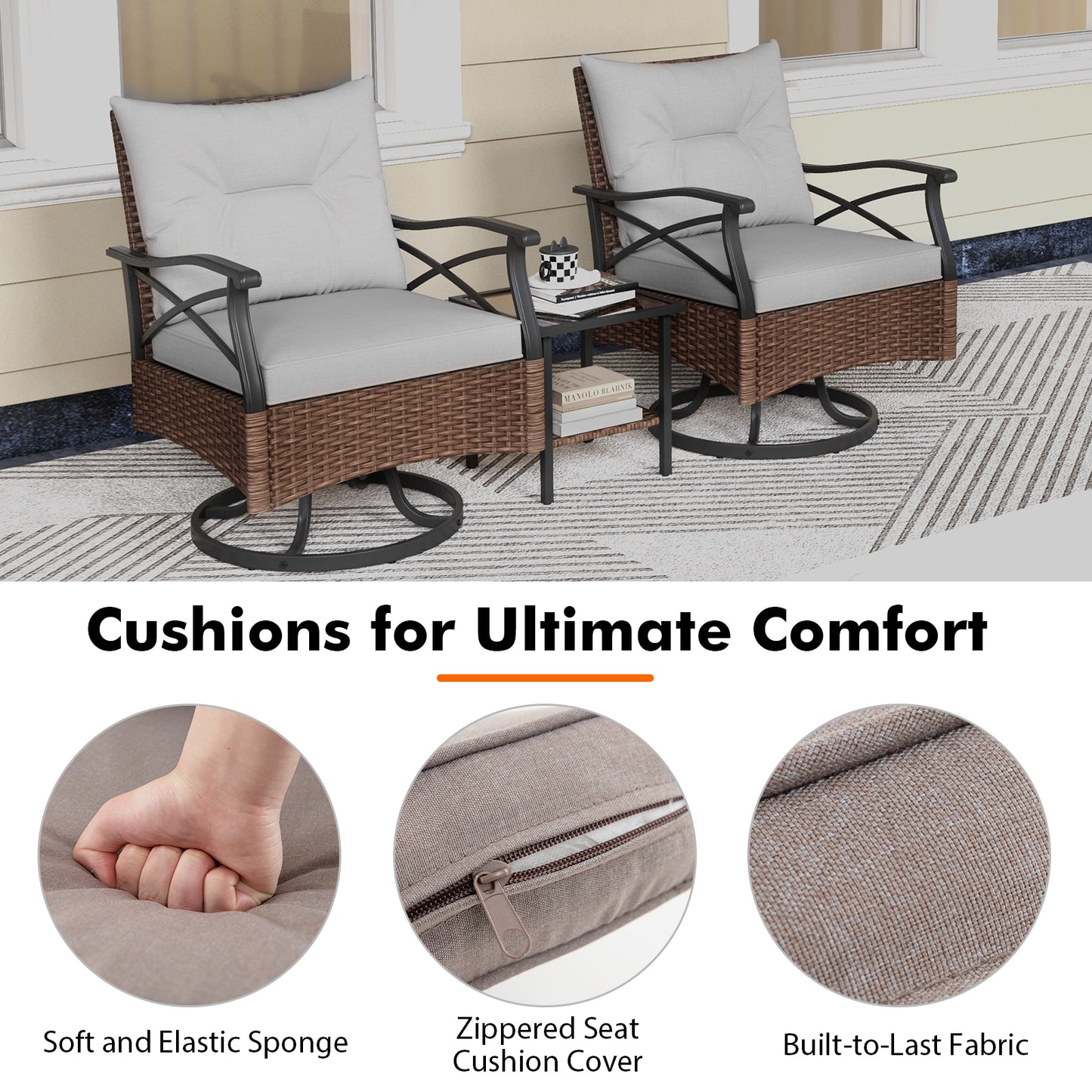 3 Piece Patio Swivel Rocker Set with 2-Tier Coffee Table-Grey