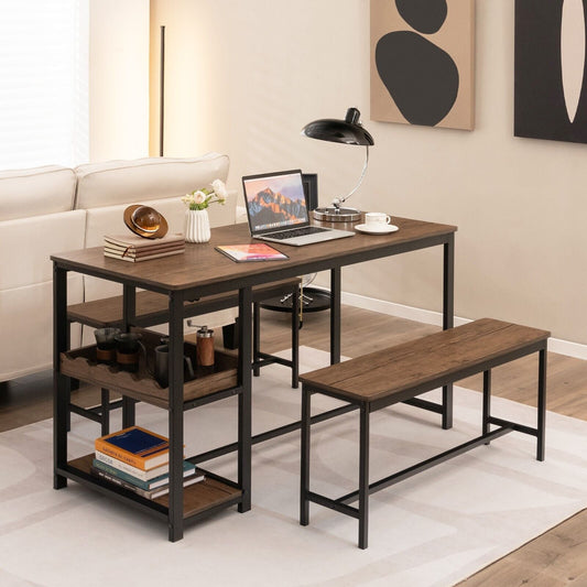 3 Pieces Kitchen Dining Set with Storage Rack-Brown