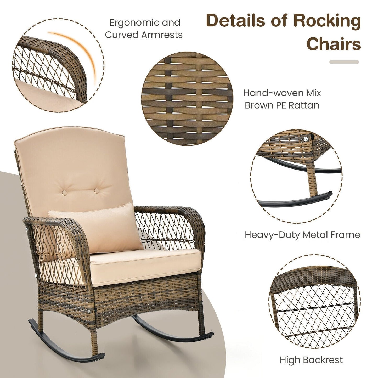 3 Piece Outdoor Rocking Chair Set with Cozy Cushions and Pillow-Beige