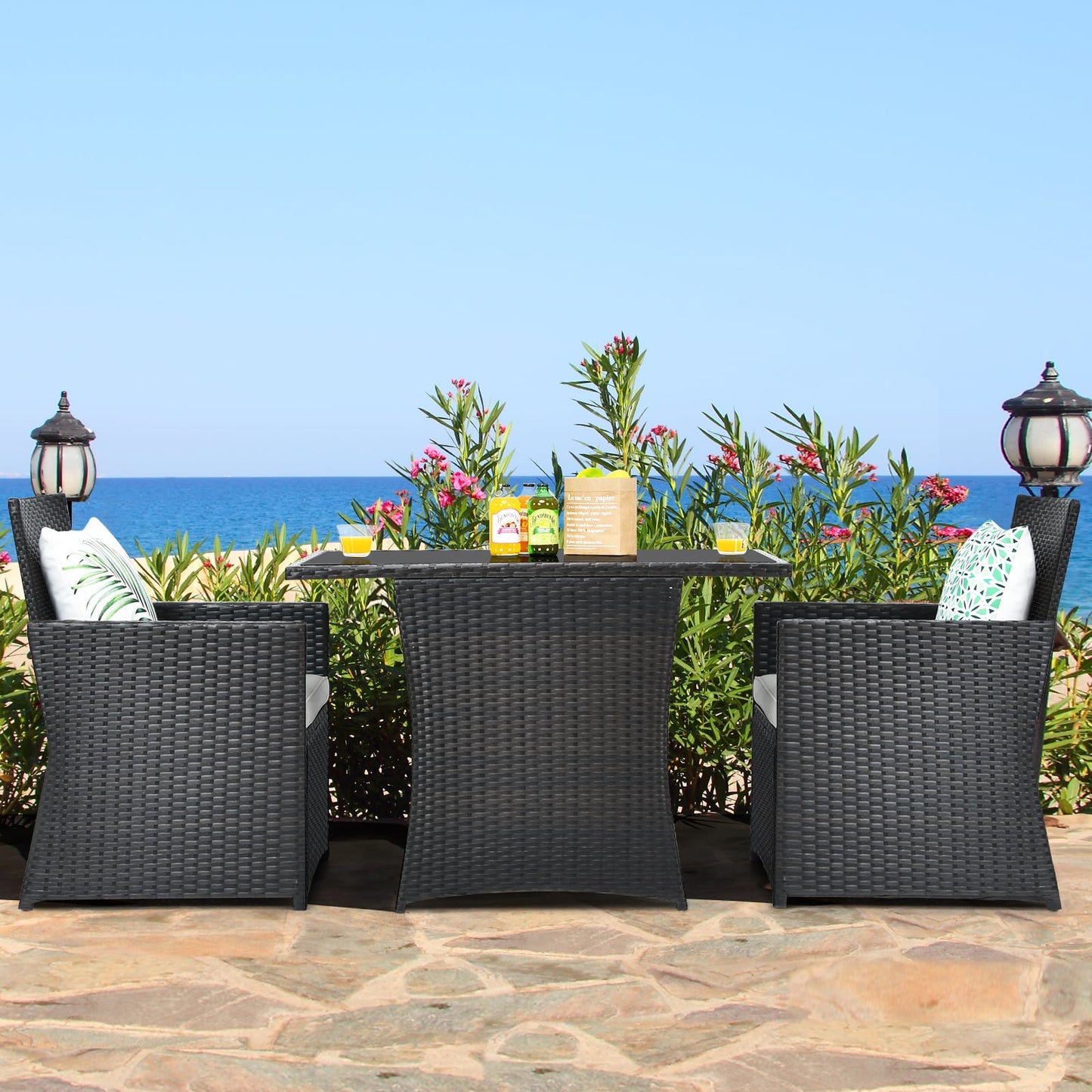 3 Pieces Patio PE Wicker Set with Tempered Coffee Table-White