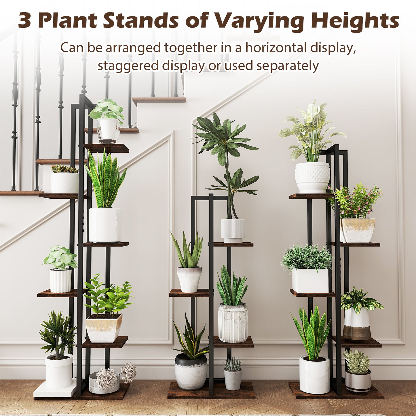 3 Pieces Tall Wood Plant Stand Set 4+5+6-Tier Indoor Flower Stands-Rustic Brown