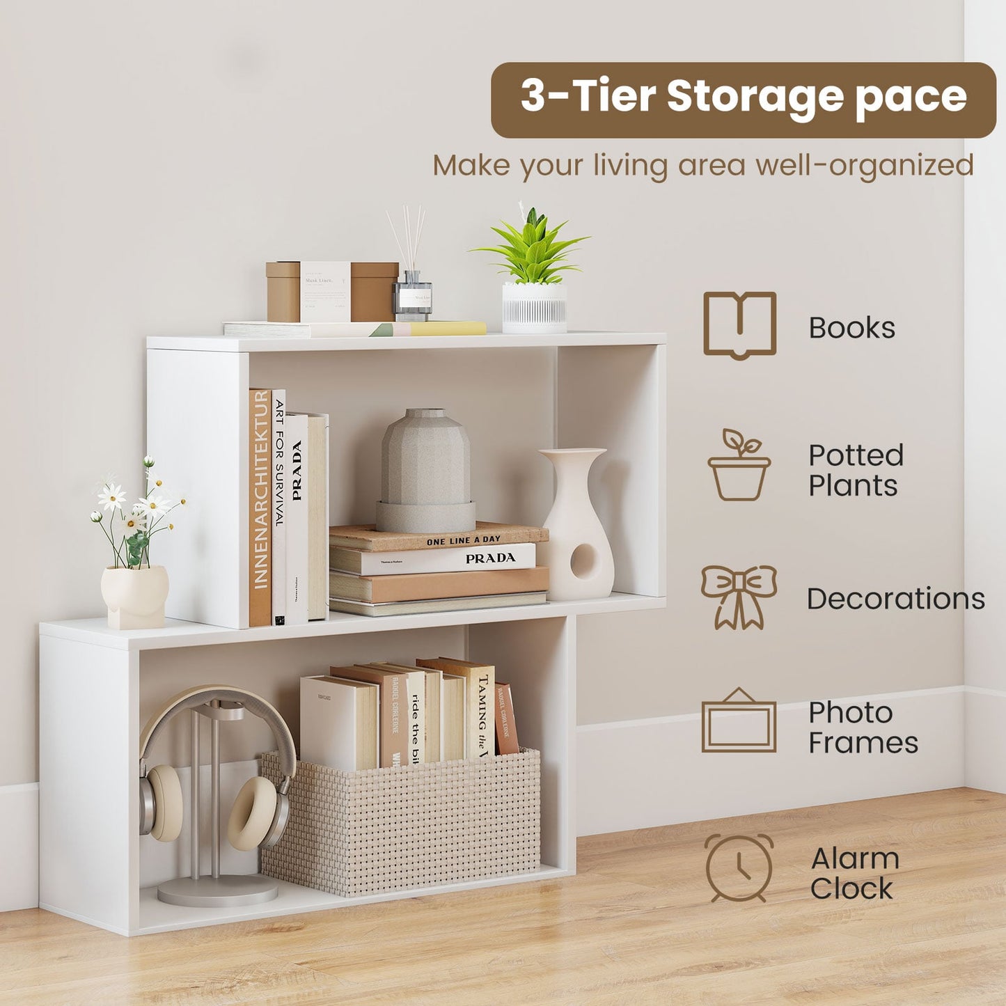 3-Tier Geometric Bookshelf Freestanding Wooden Bookcase with 2 Cubic Compartments-White