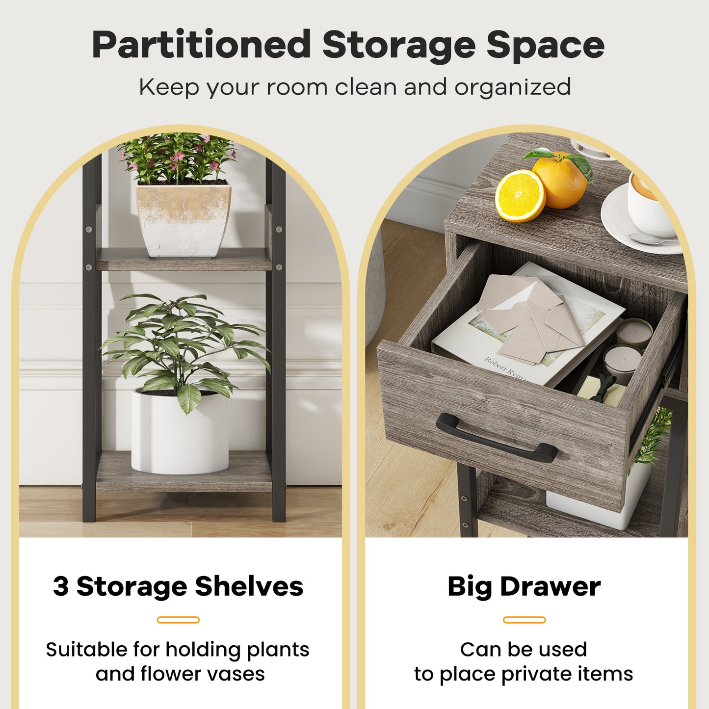 3 Tier Indoor Tall Plant Stand with Drawer and Anti-tipping Devices-Grey