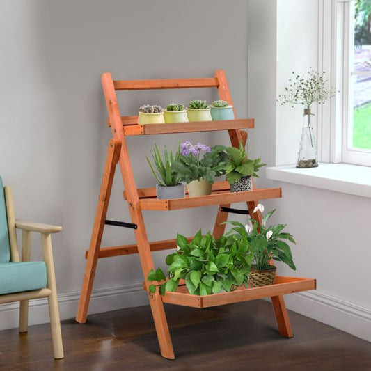 3 Tier Outdoor Wood Flower Folding Pot Shelf Stand