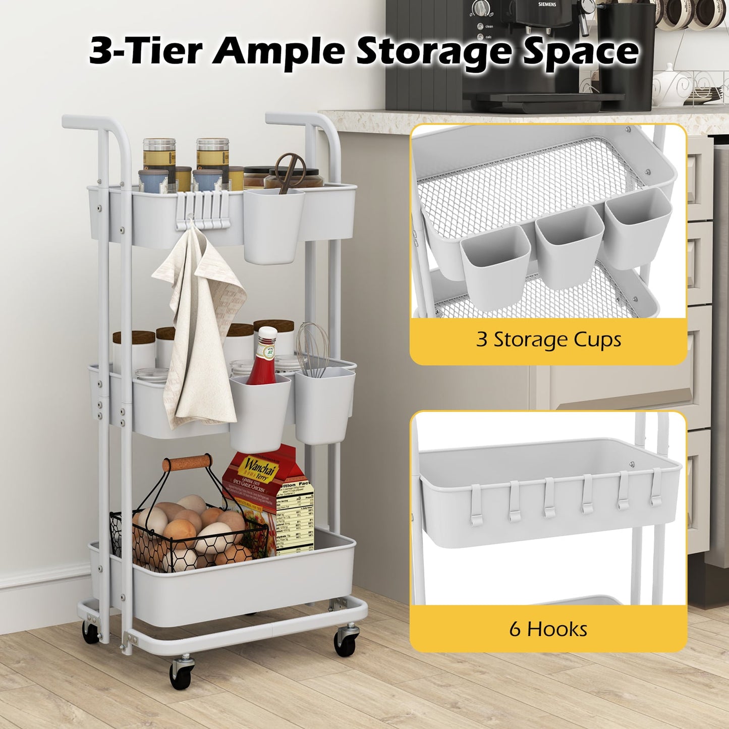 3-Tier Rolling Cart with 3 Hanging Cups and 6 Hooks-White