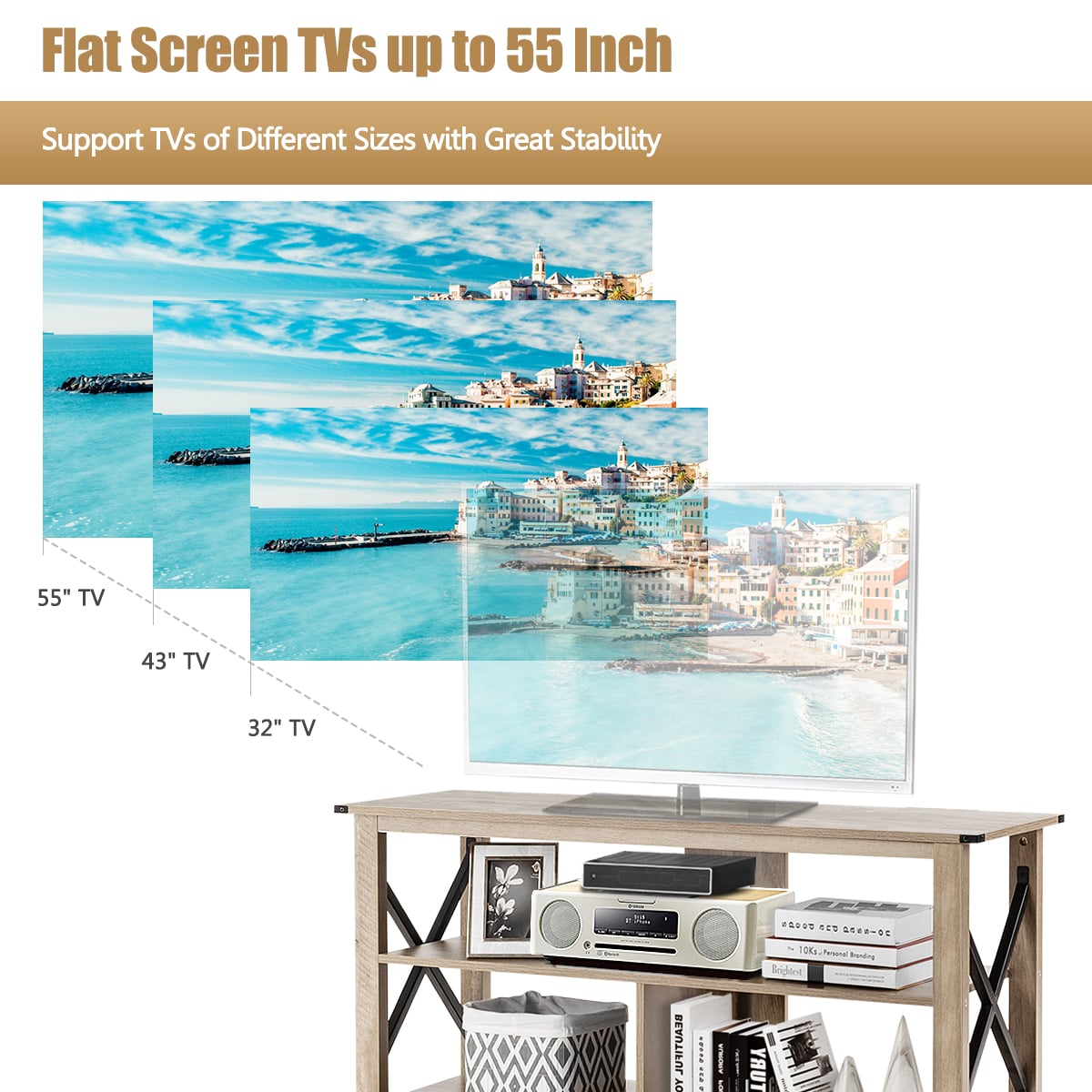 3-Tier Rustic TV Stand with Open Shelves and Cable Management-Grey