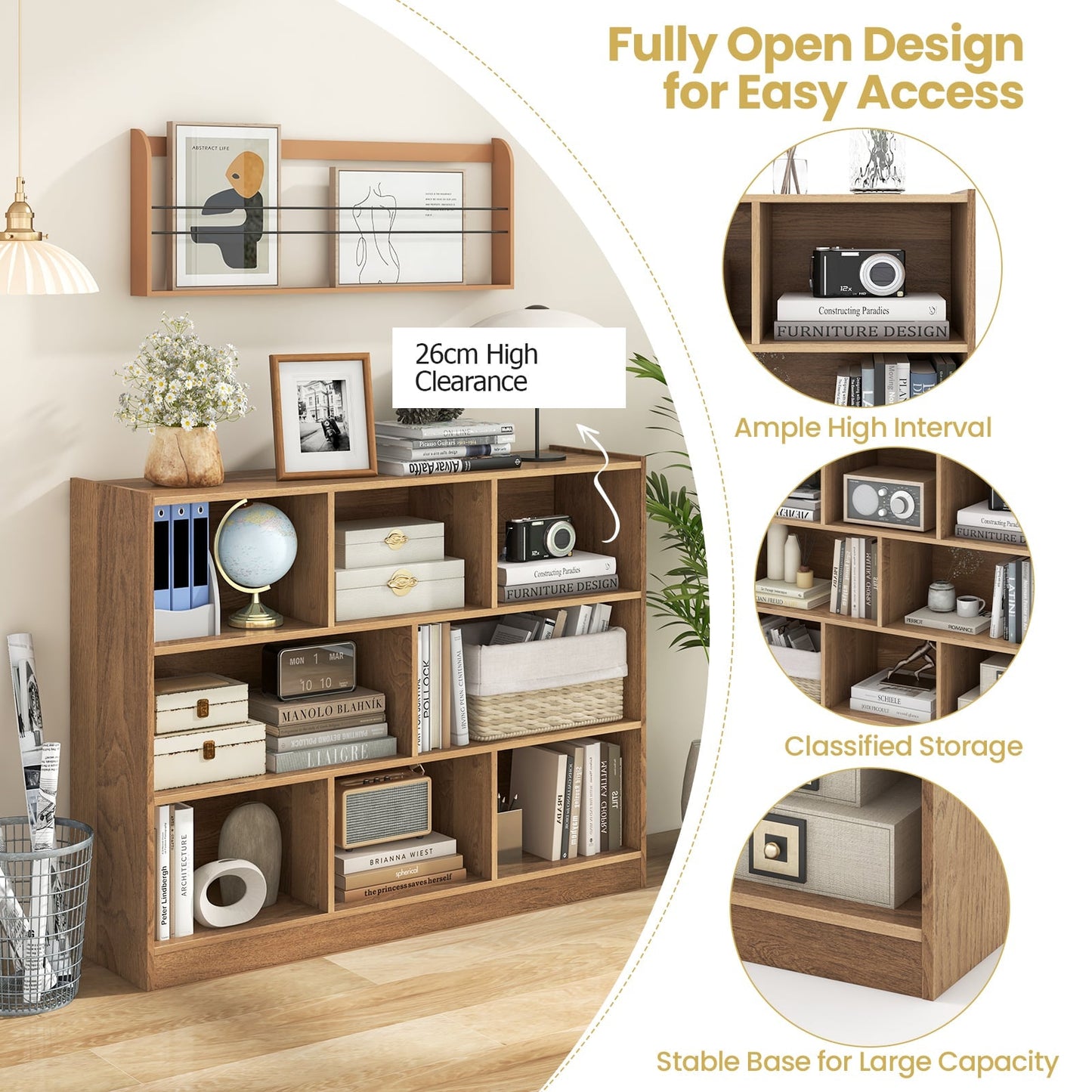 3-Tier Wooden Cube Bookcase with 8 Compartments-Natural