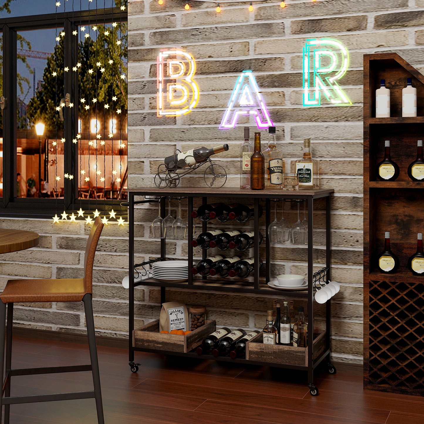 3 Tiers Bar Cart on Wheels with Glass Racks-Brown