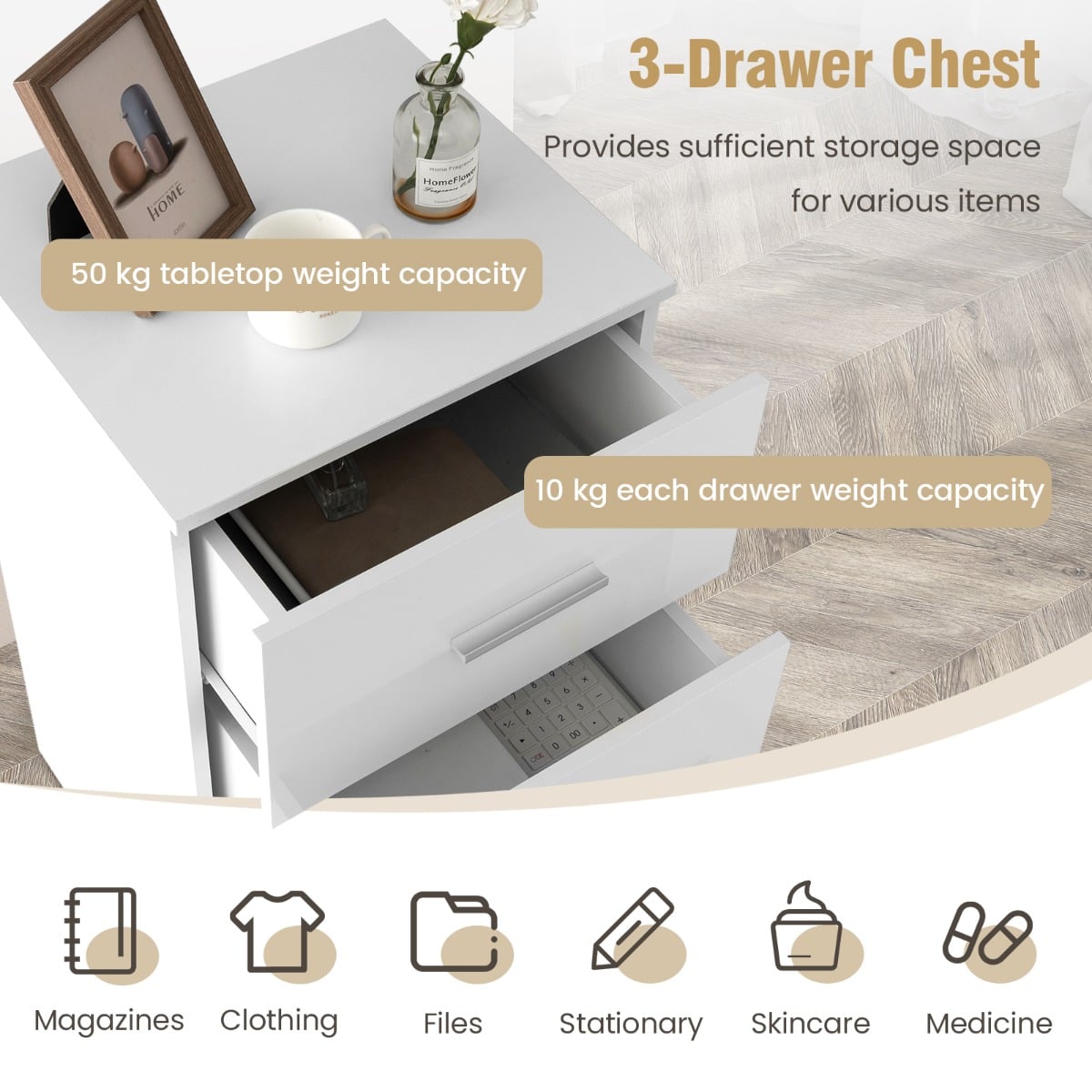 3-Drawer Wooden Dresser Cabinet Set of 2 with Anti-Toppling Device-White
