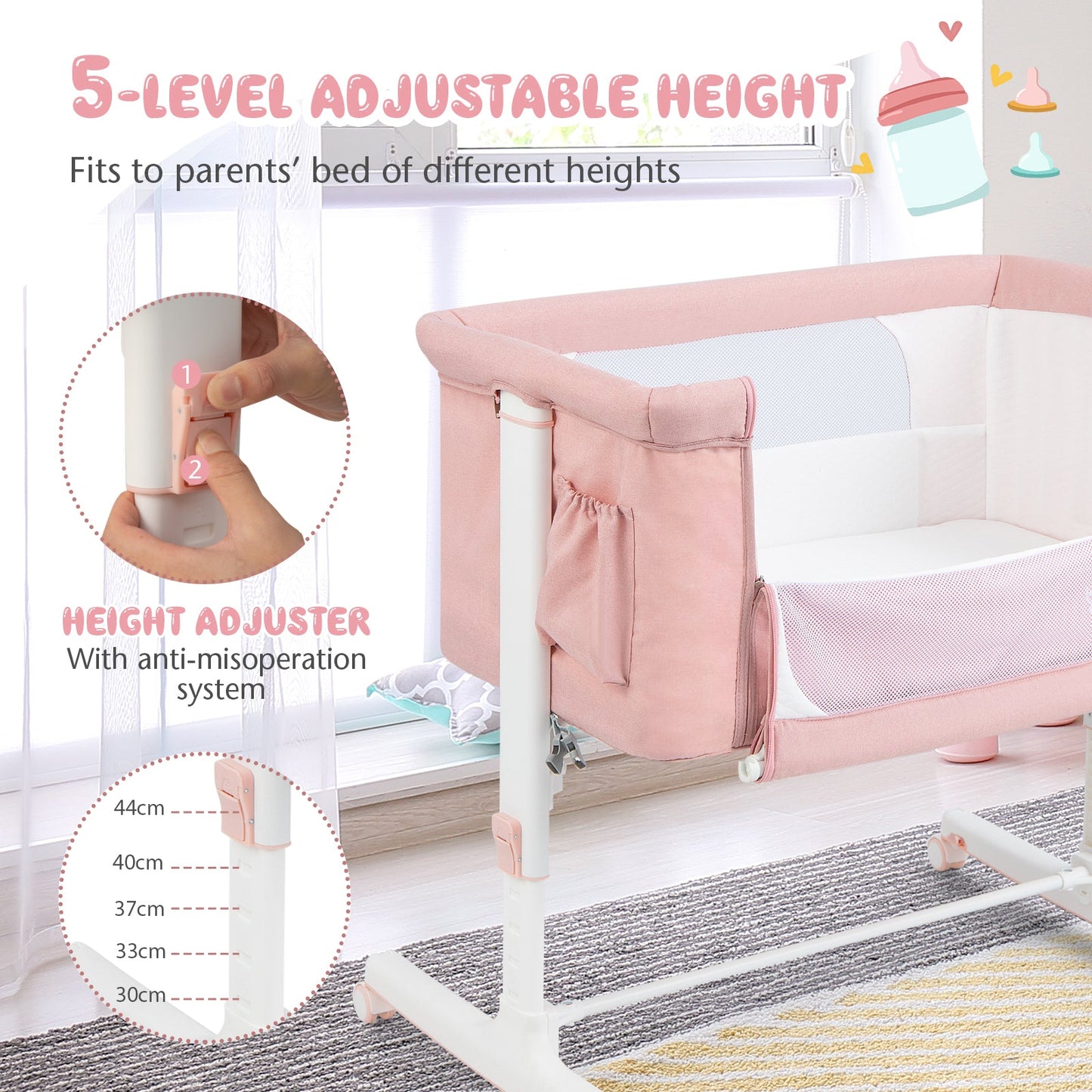 3-in-1 Adjustable Baby Bedside Bassinet with Mattress-Pink