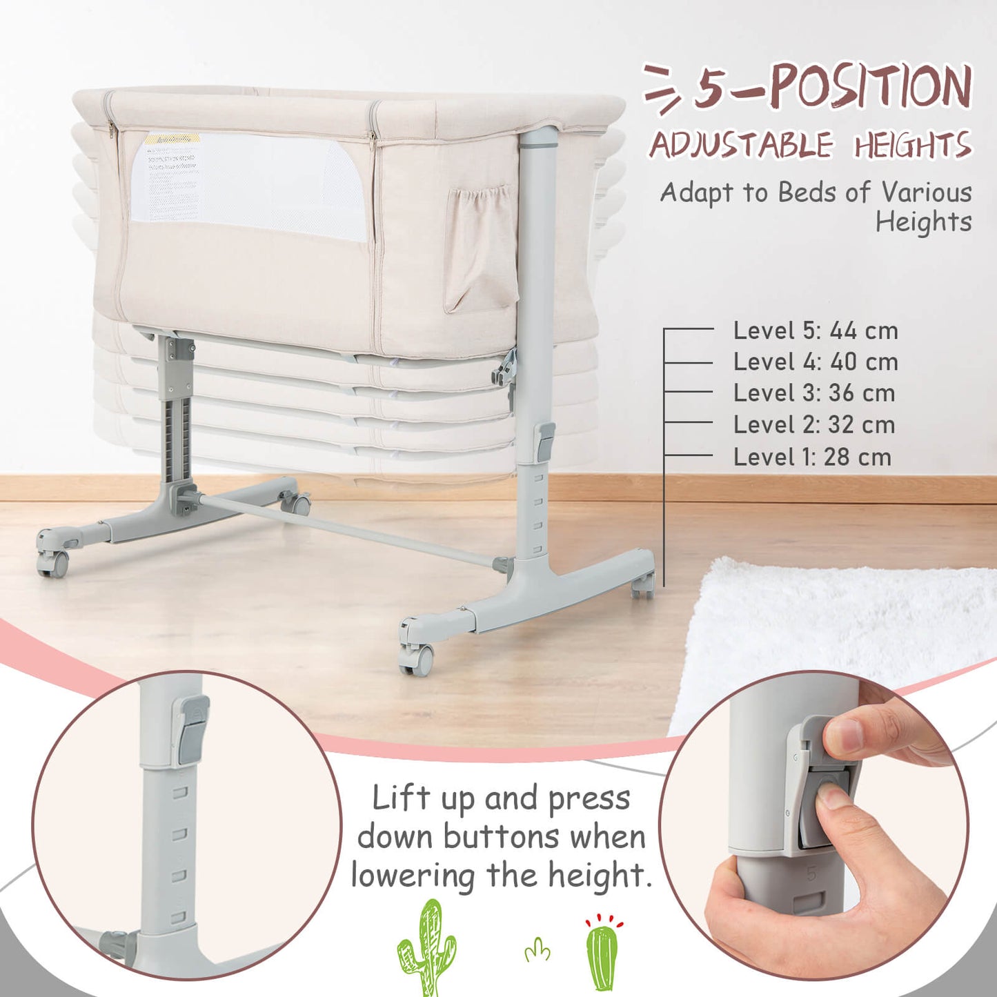 3-in-1 Adjustable Baby Bedside Bassinet with Mattress-Beige
