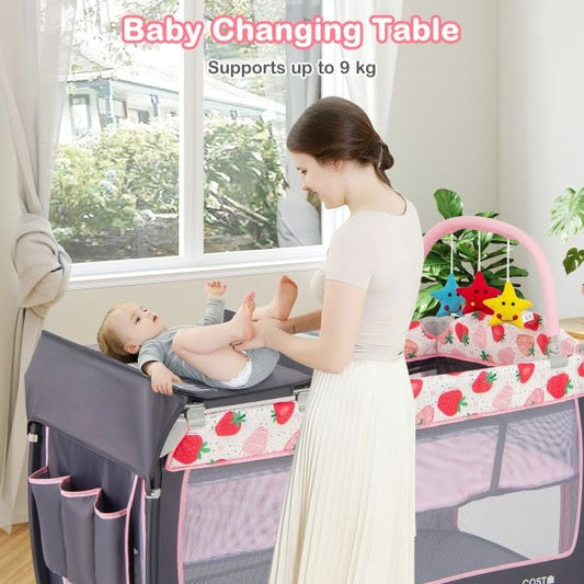 3 in 1 Baby Playard Portable Infant Nursery Center with Toy Bar-Pink