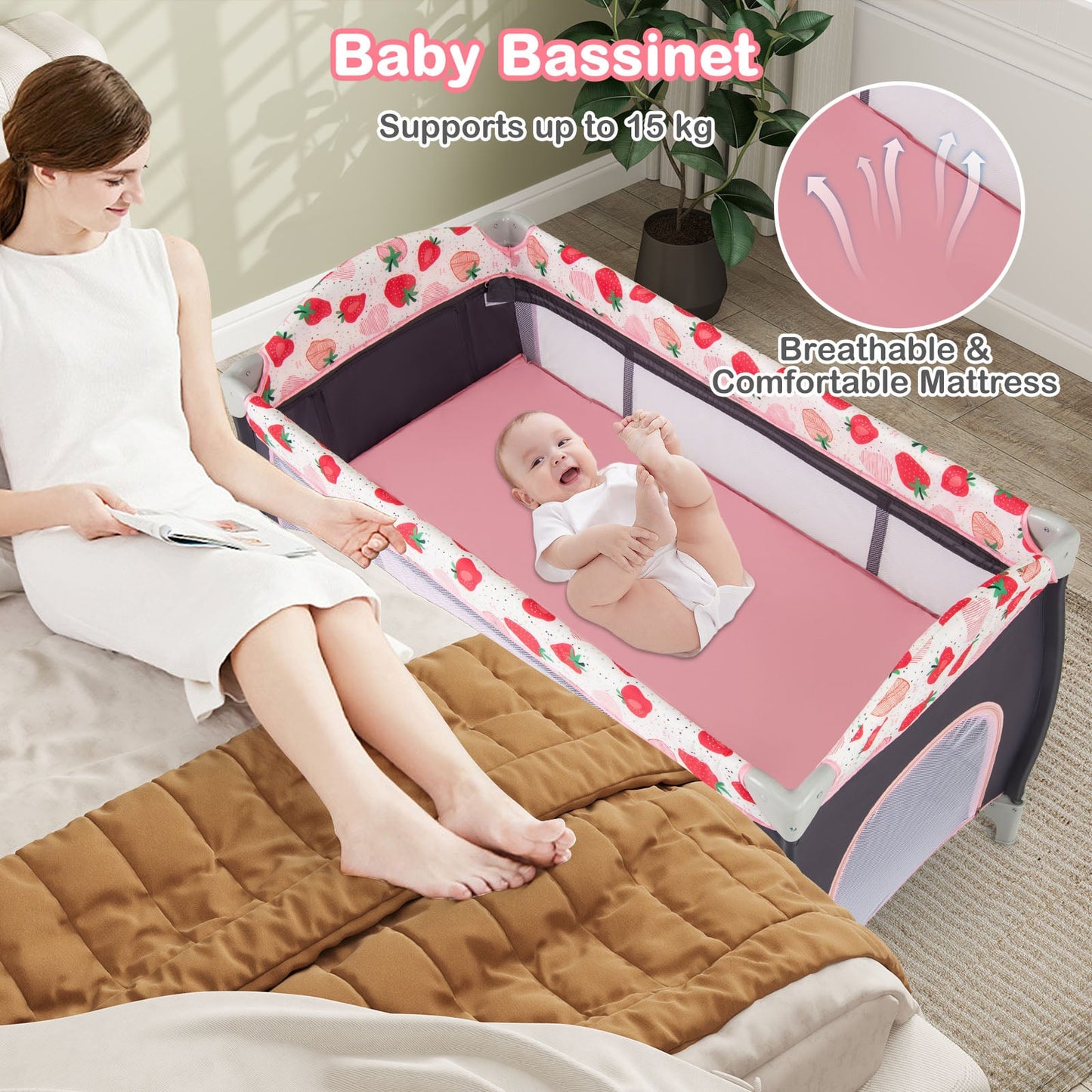 3 in 1 Baby Playard Portable Infant Nursery Center with Toy Bar-Pink