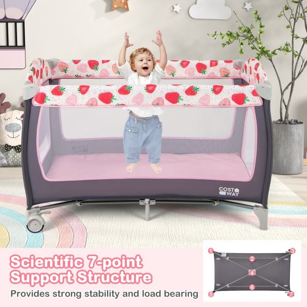 3 in 1 Baby Playard Portable Infant Nursery Center with Toy Bar-Pink