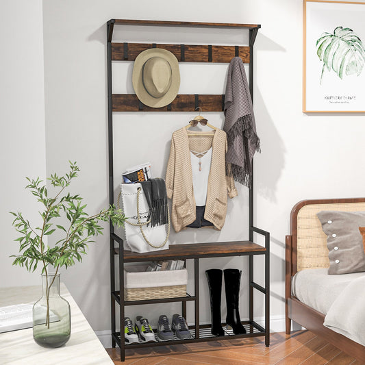 3-in-1 Coat Rack Freestanding Industrial Entryway Storage Shelf-Rustic Brown