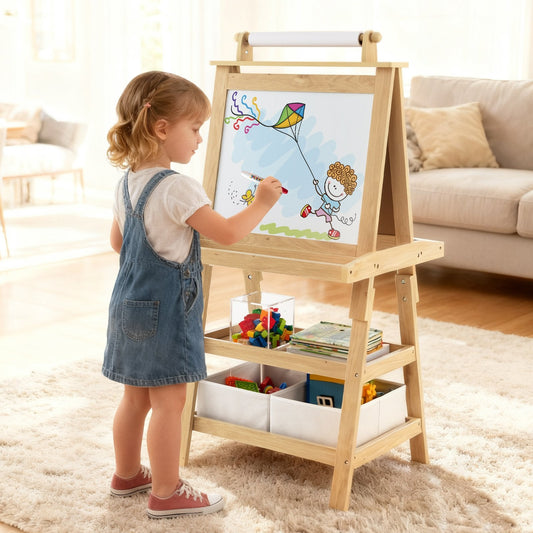 Children's Double-Sided Art Easel with Paper Roll-Natural